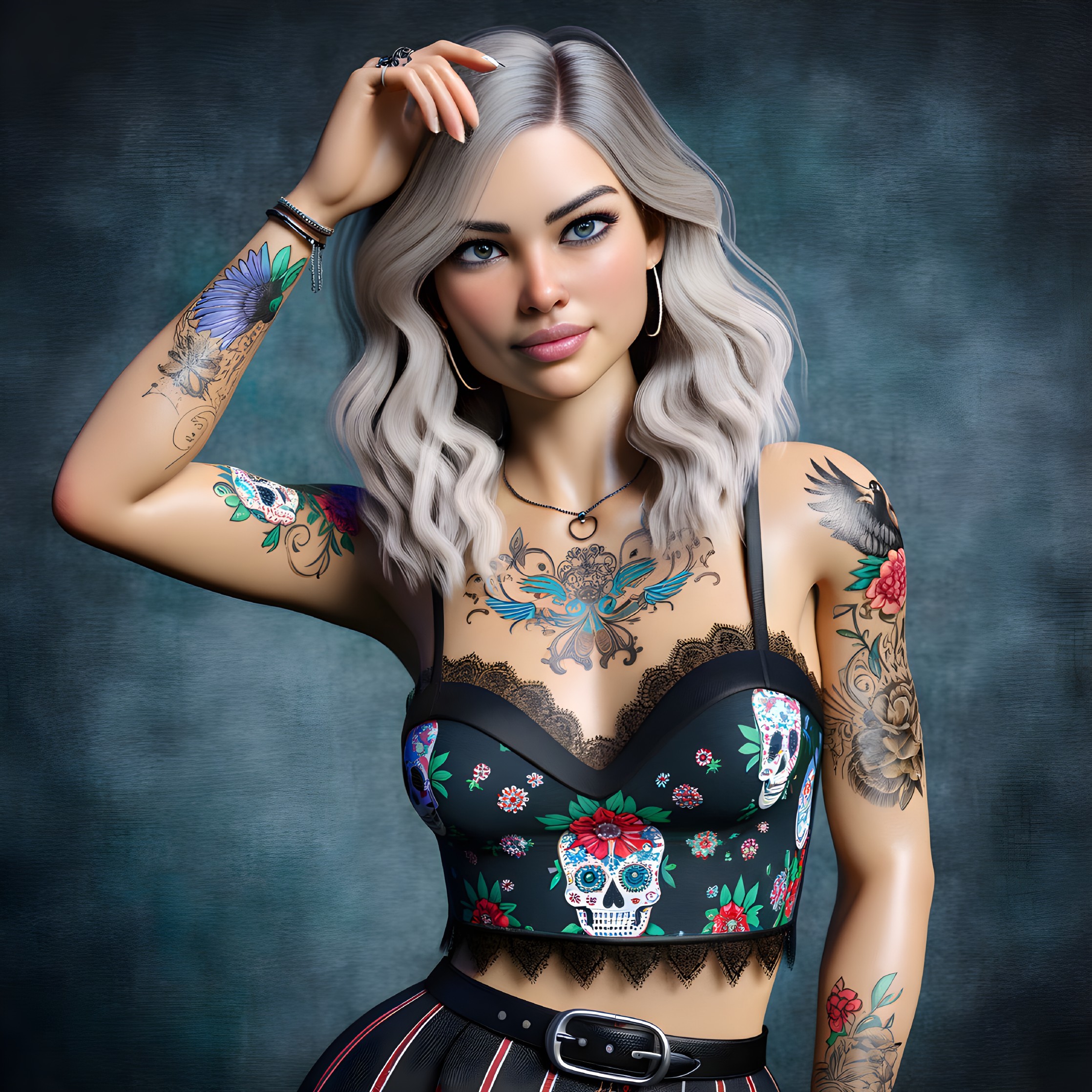 Woman with Silver Hair and Colorful Sugar Skull Top