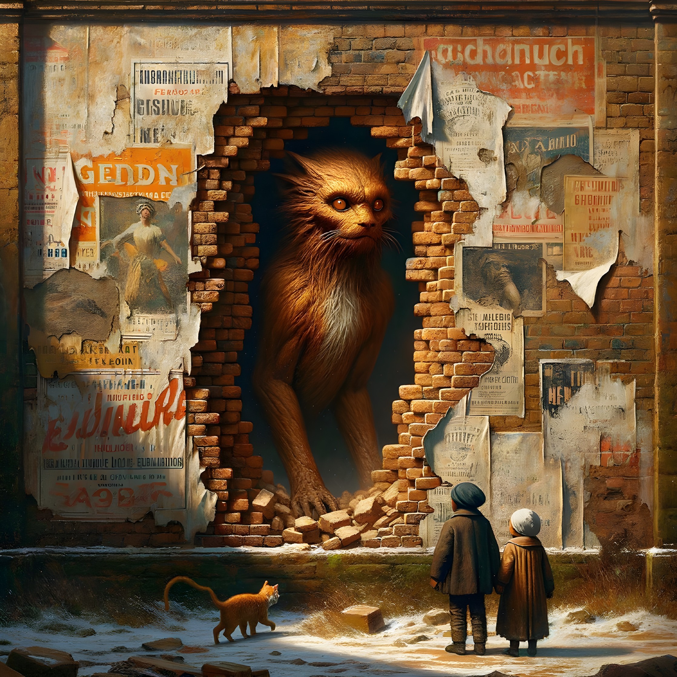 Children in Decayed Urban Setting with Feline Creature