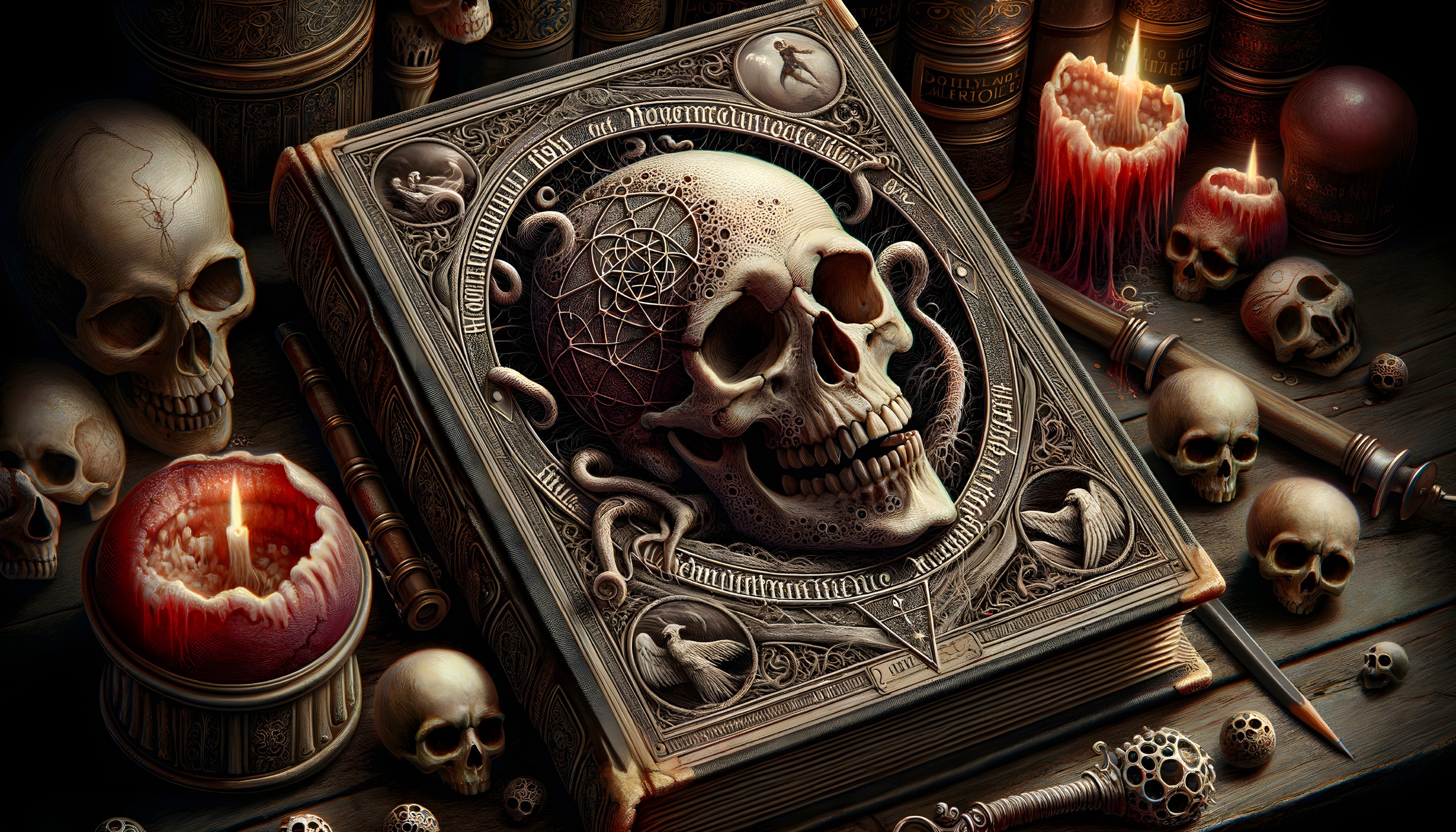 Dark still life with book, skull, candles, and potion bottles