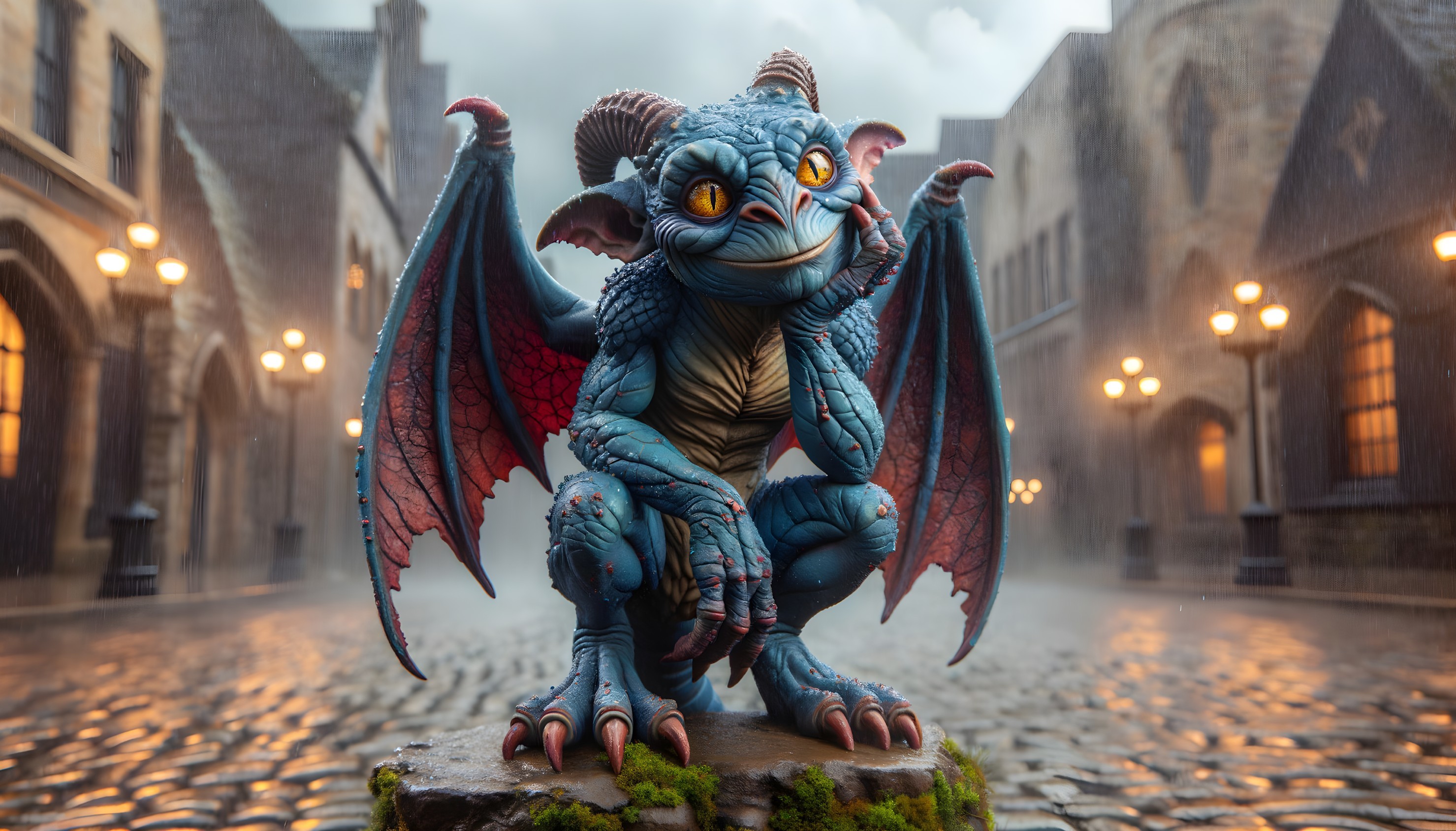 Vibrant Fantasy Dragon on Mossy Stone in Rainy Scene