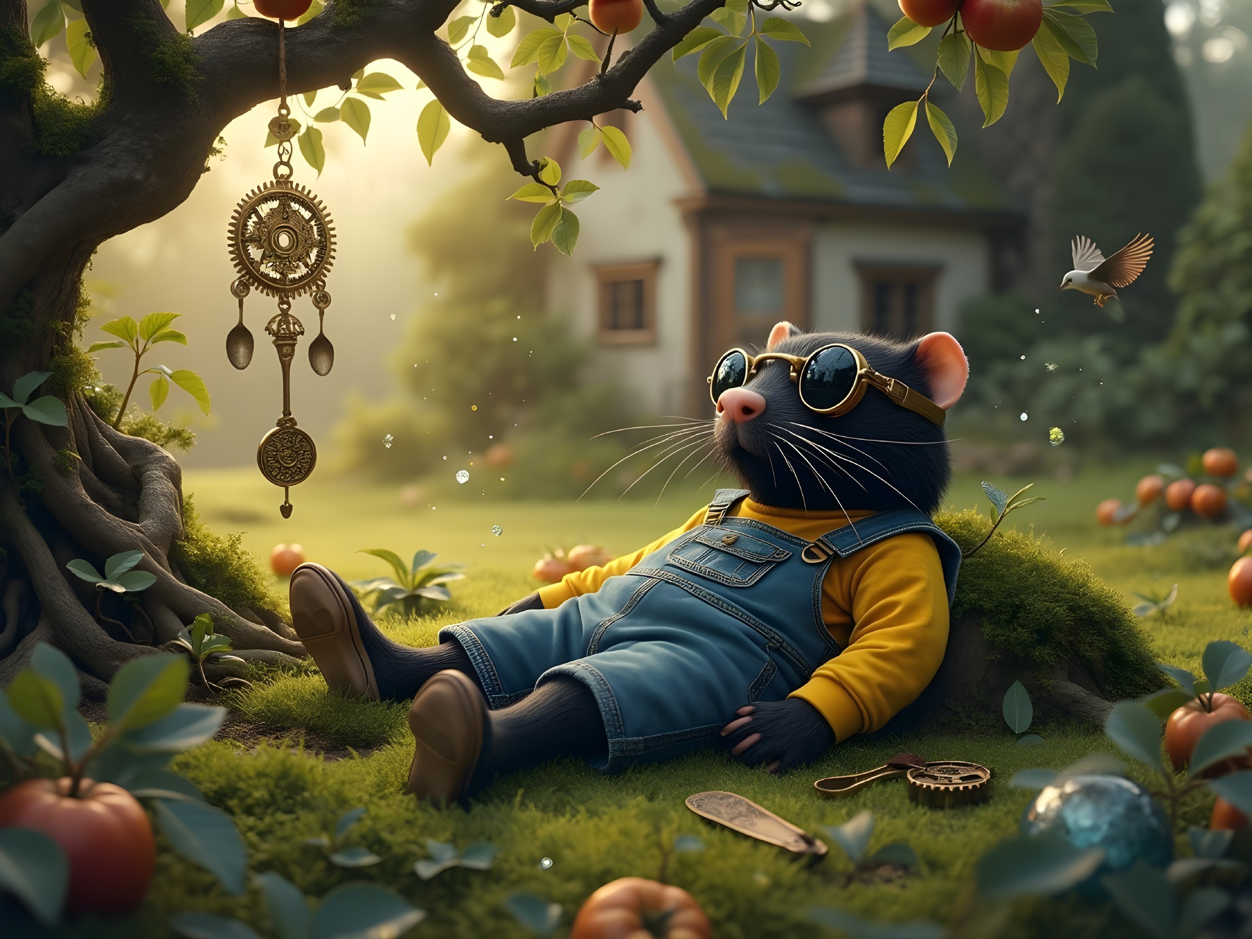 Cartoon Rat in Sunglasses Relaxing in Garden Scene