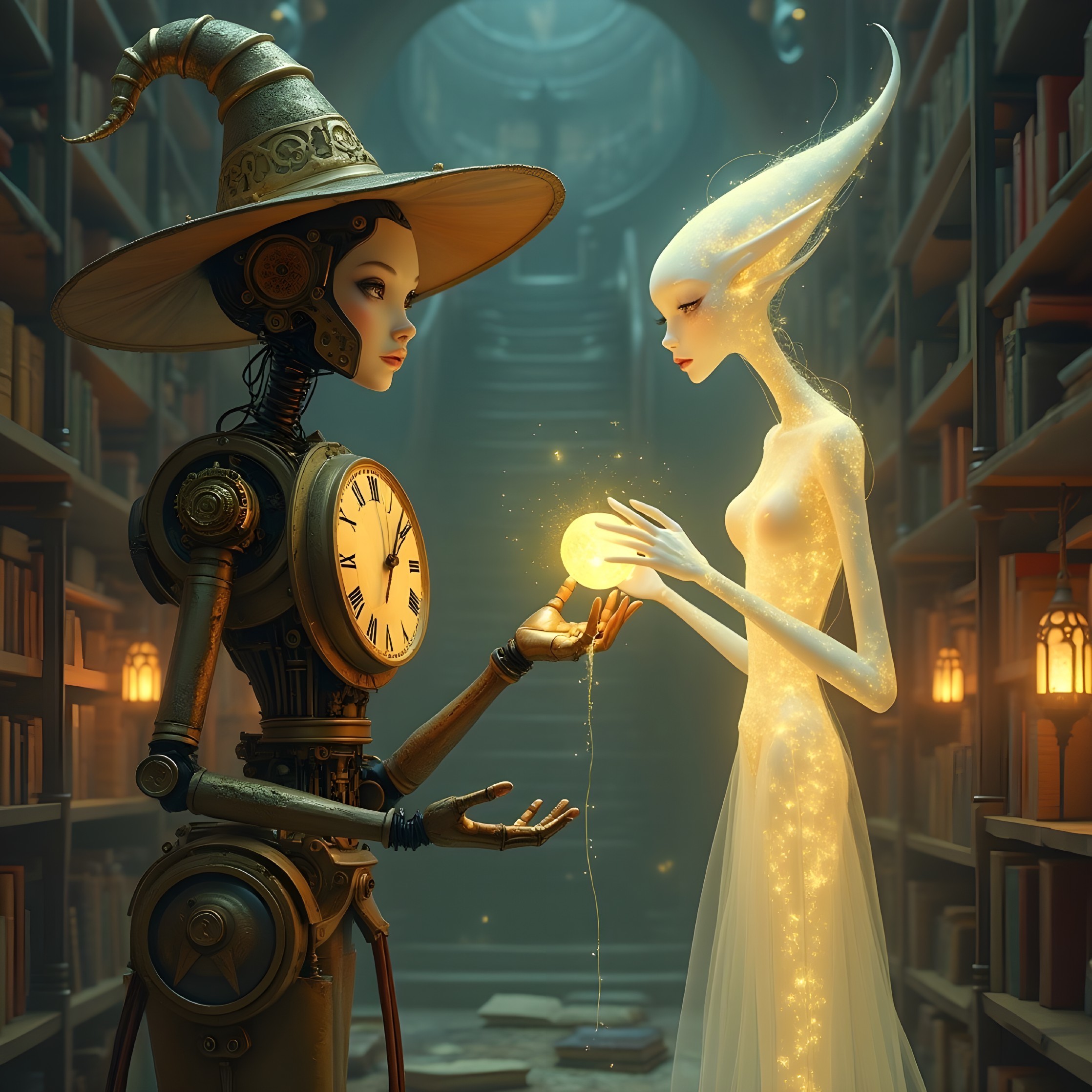 Robot and Ethereal Being in a Mystical Library Setting