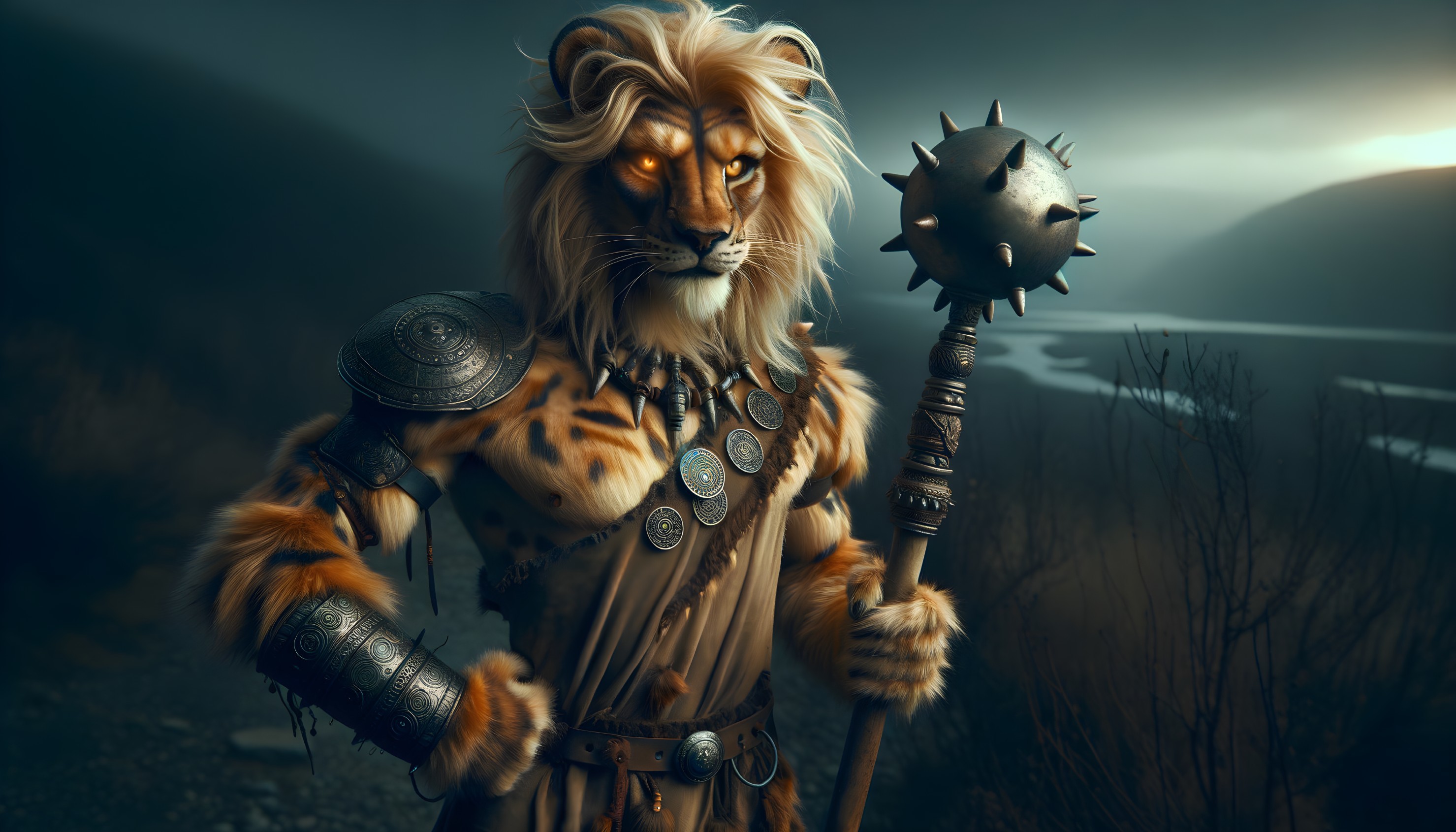 Anthropomorphic lion in ornate armor against dramatic landscape