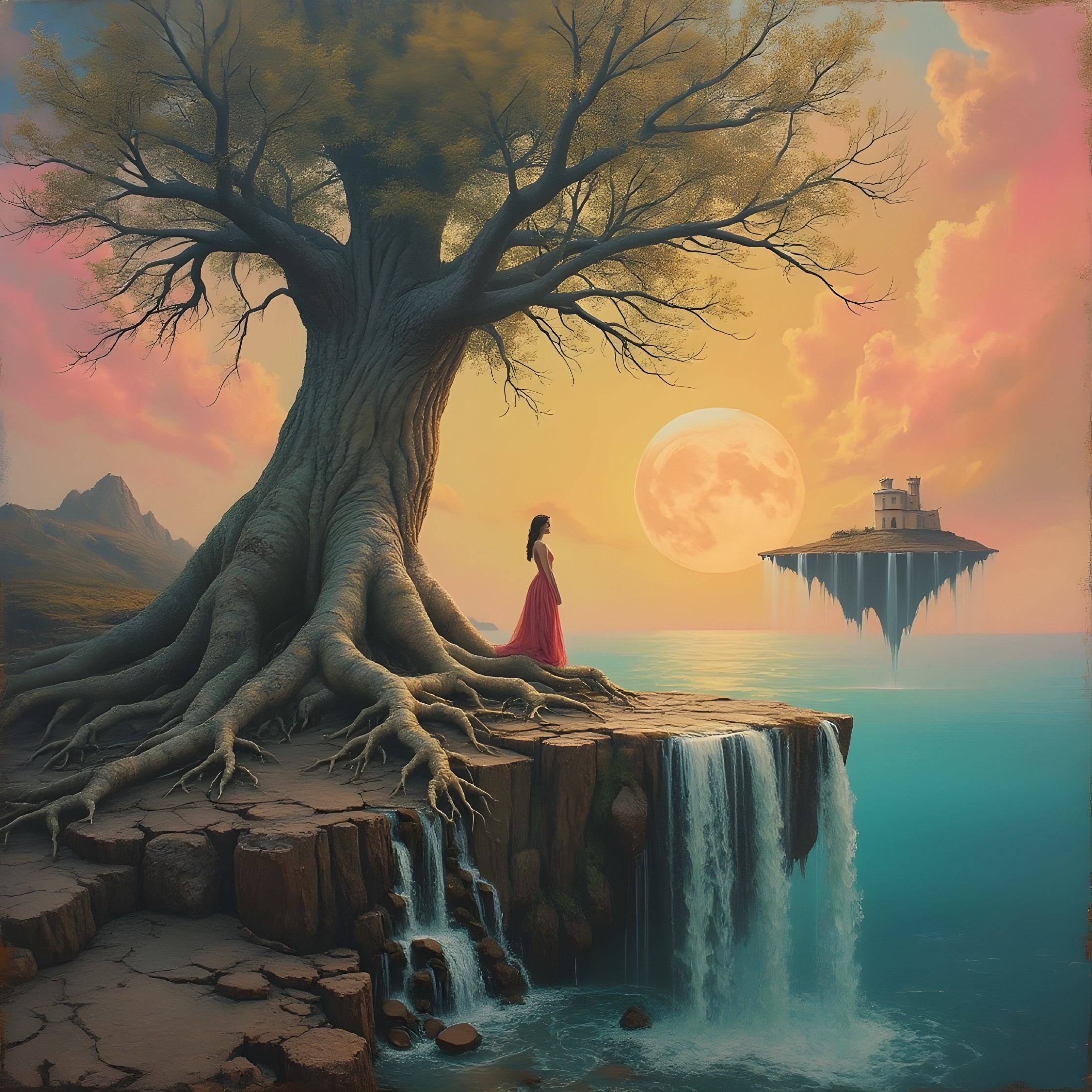 Majestic tree and waterfall in a dreamlike scene