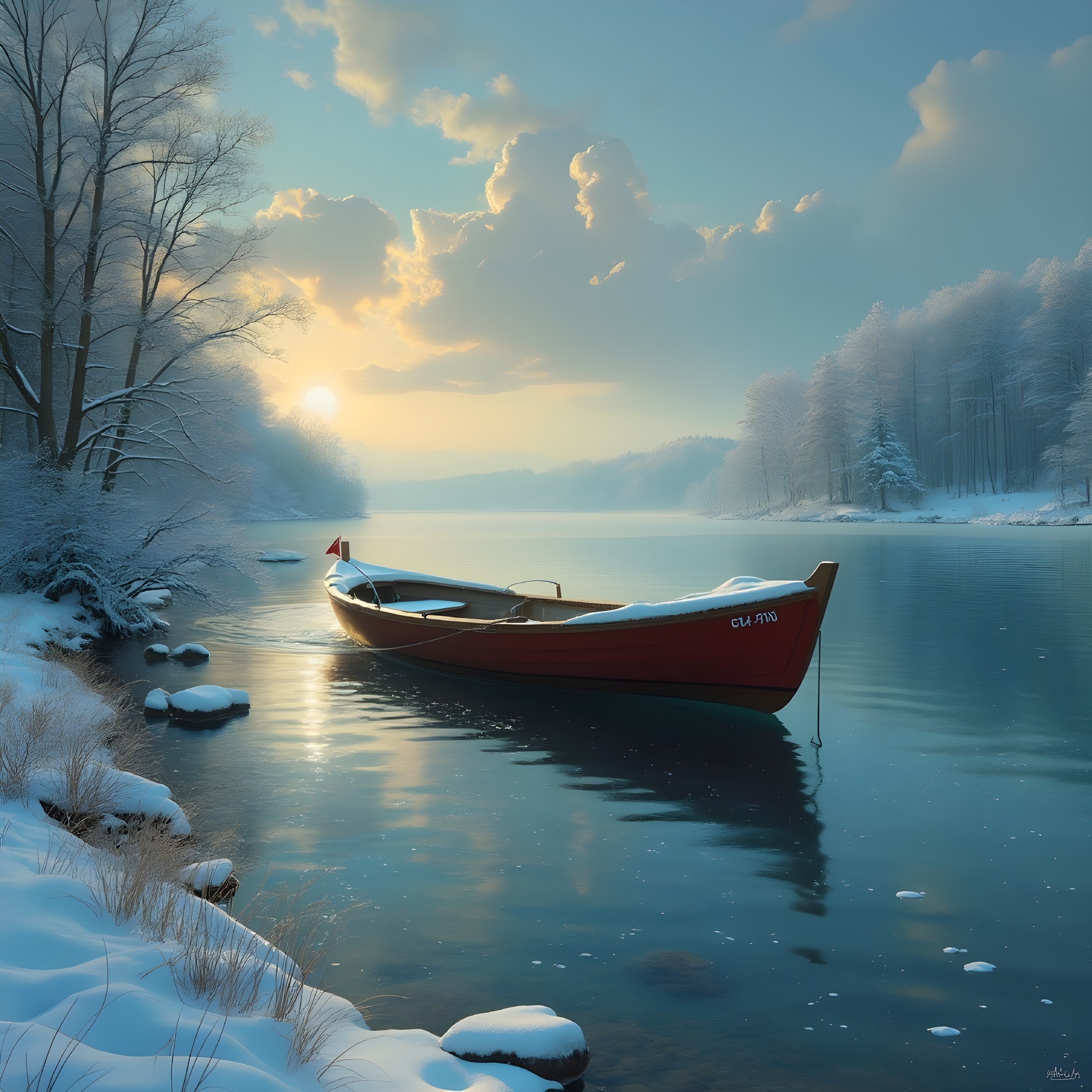Winter Landscape with Red Boat on Icy River