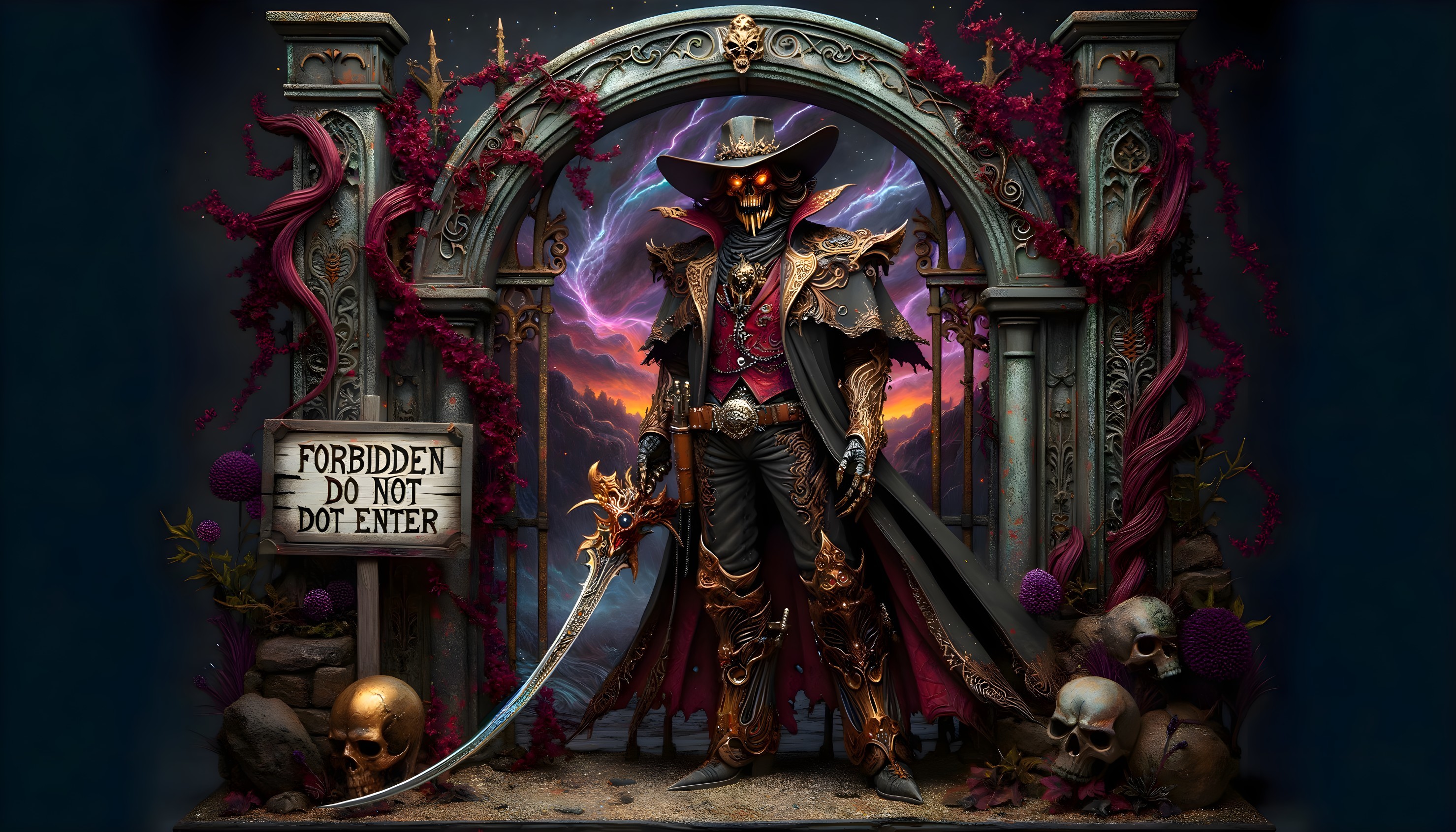 Dark Cloaked Figure with Sword in Gothic Setting