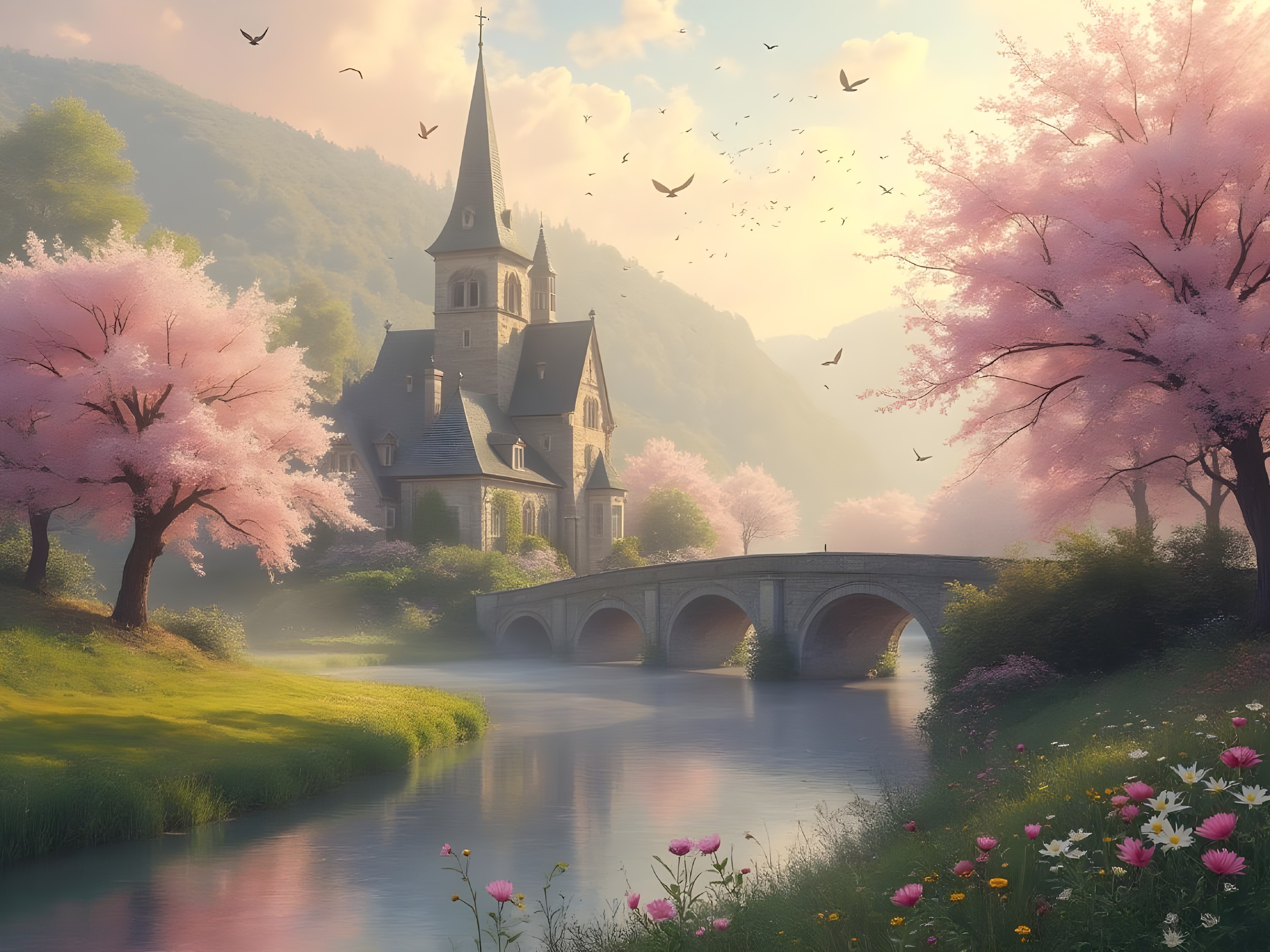 Serene Landscape with Church and Cherry Blossoms