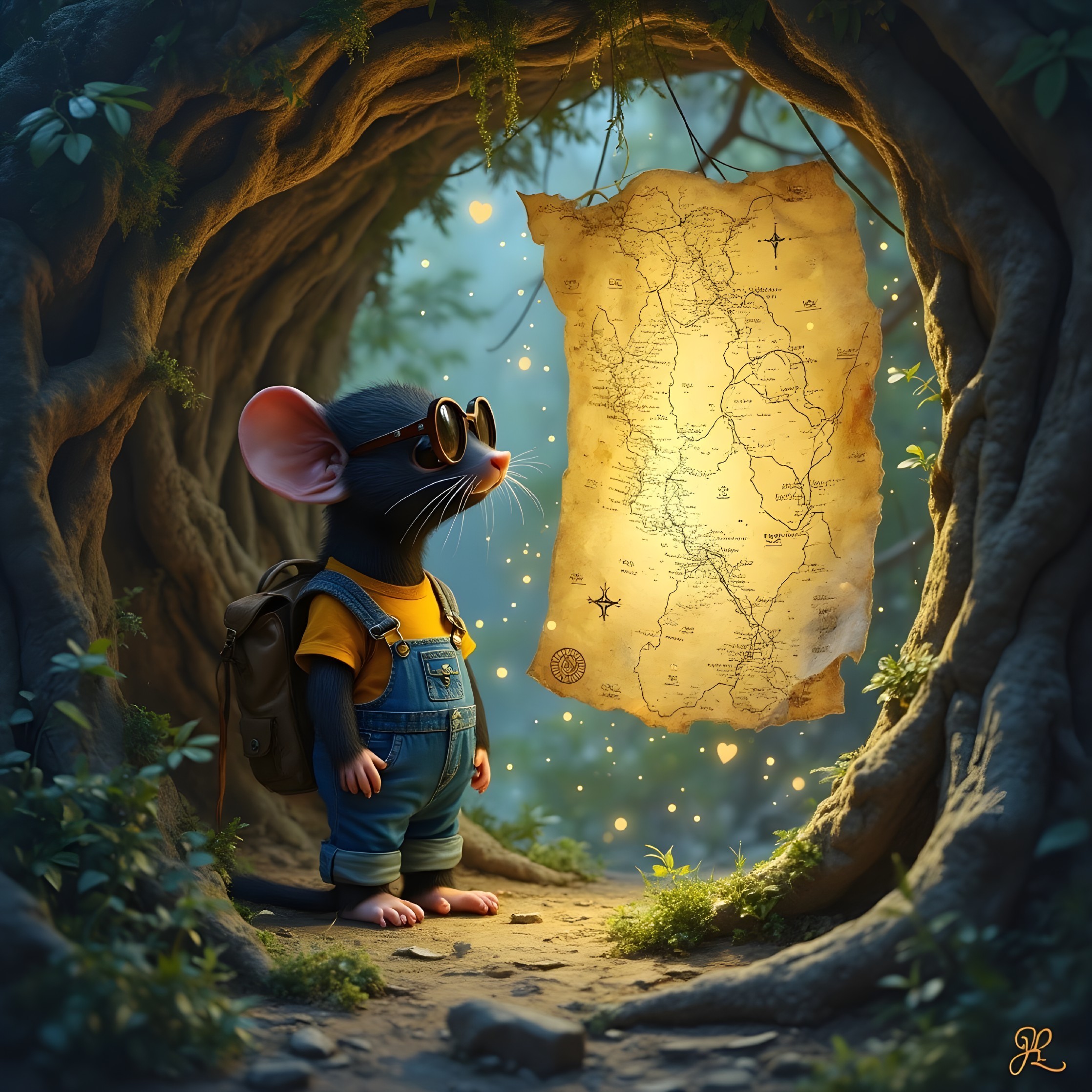 Cartoon Mouse with Map in Whimsical Forest Setting