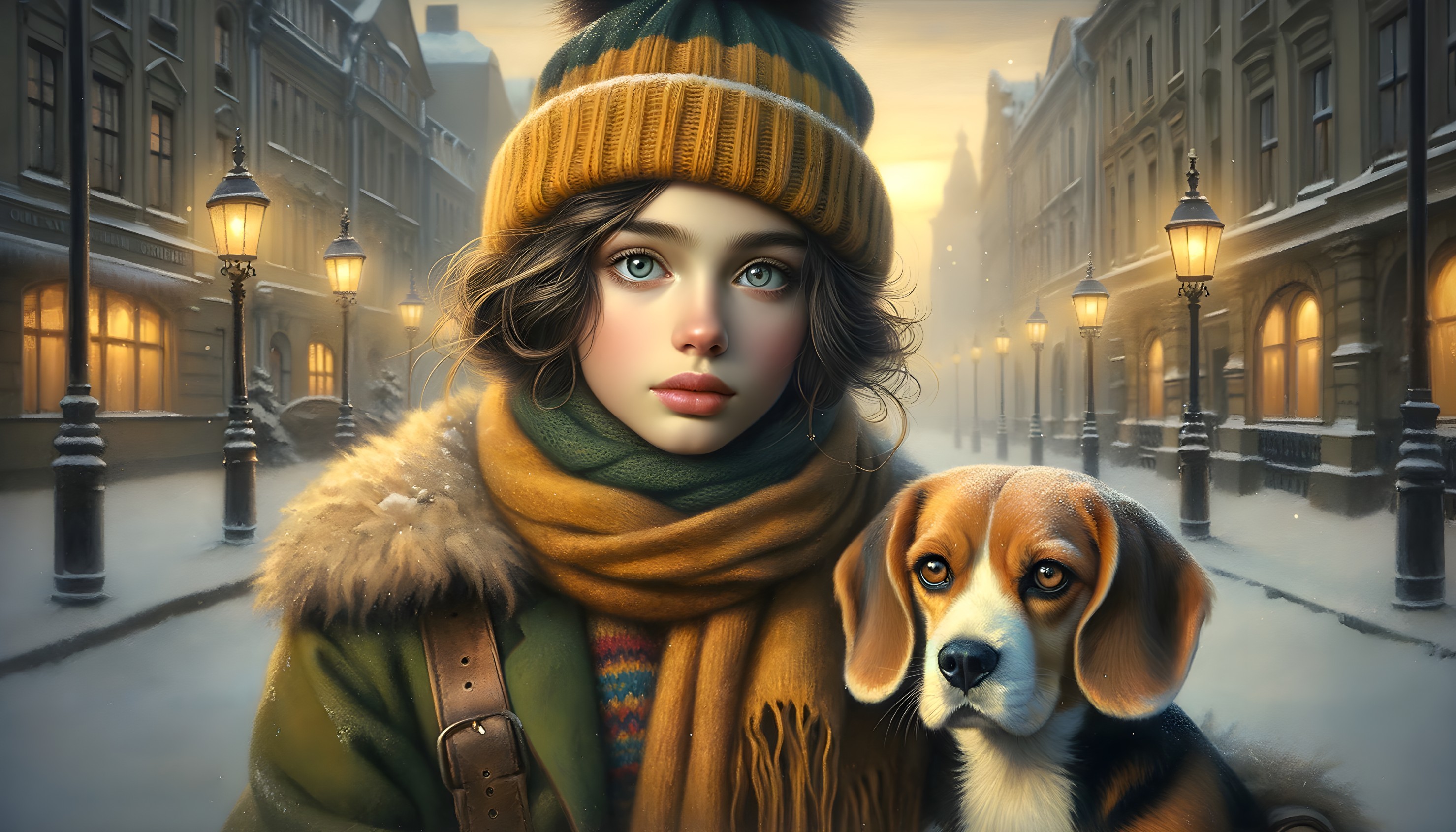 Young girl in winter attire with a beagle in snow