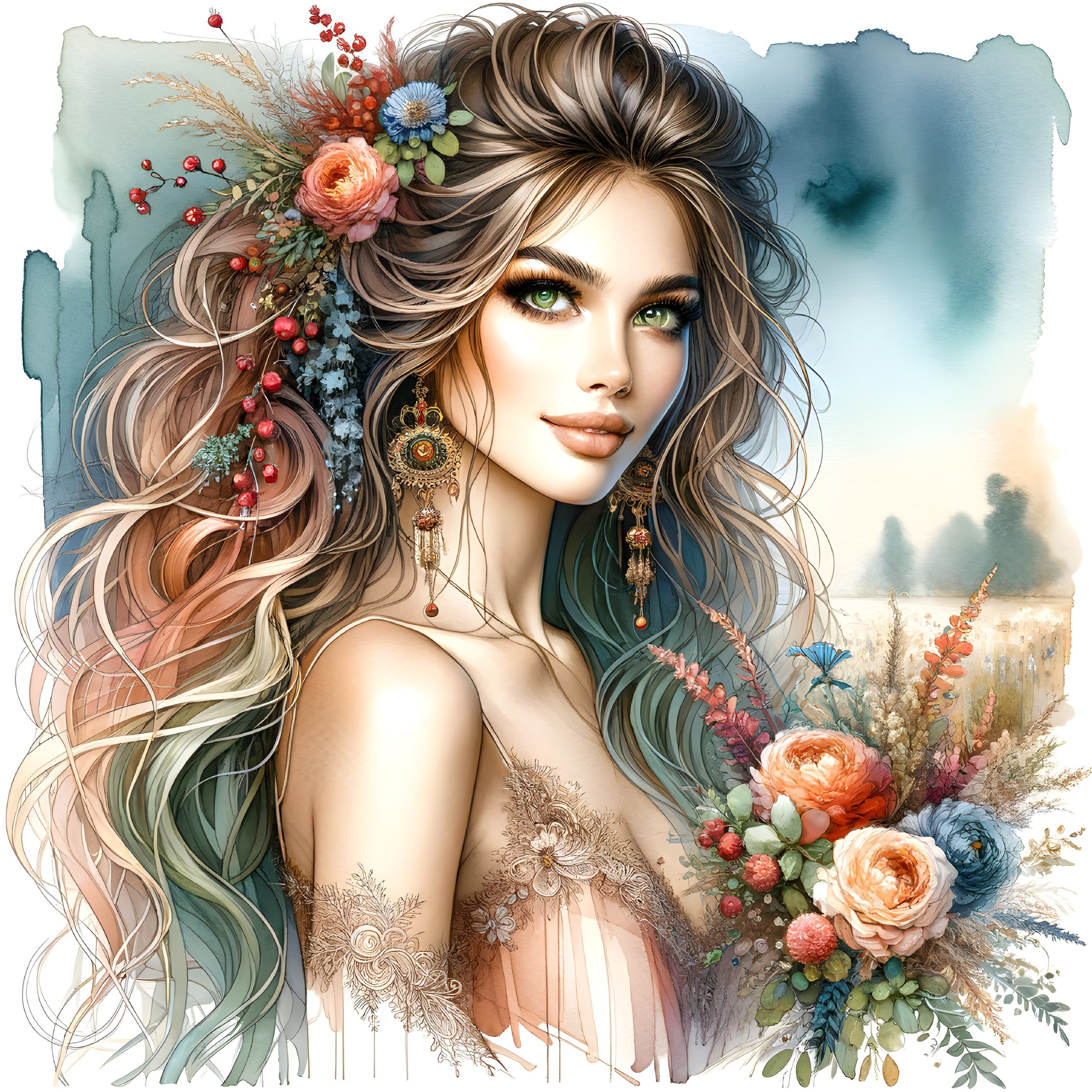 Stunning Woman with Multi-Colored Hair and Flowers