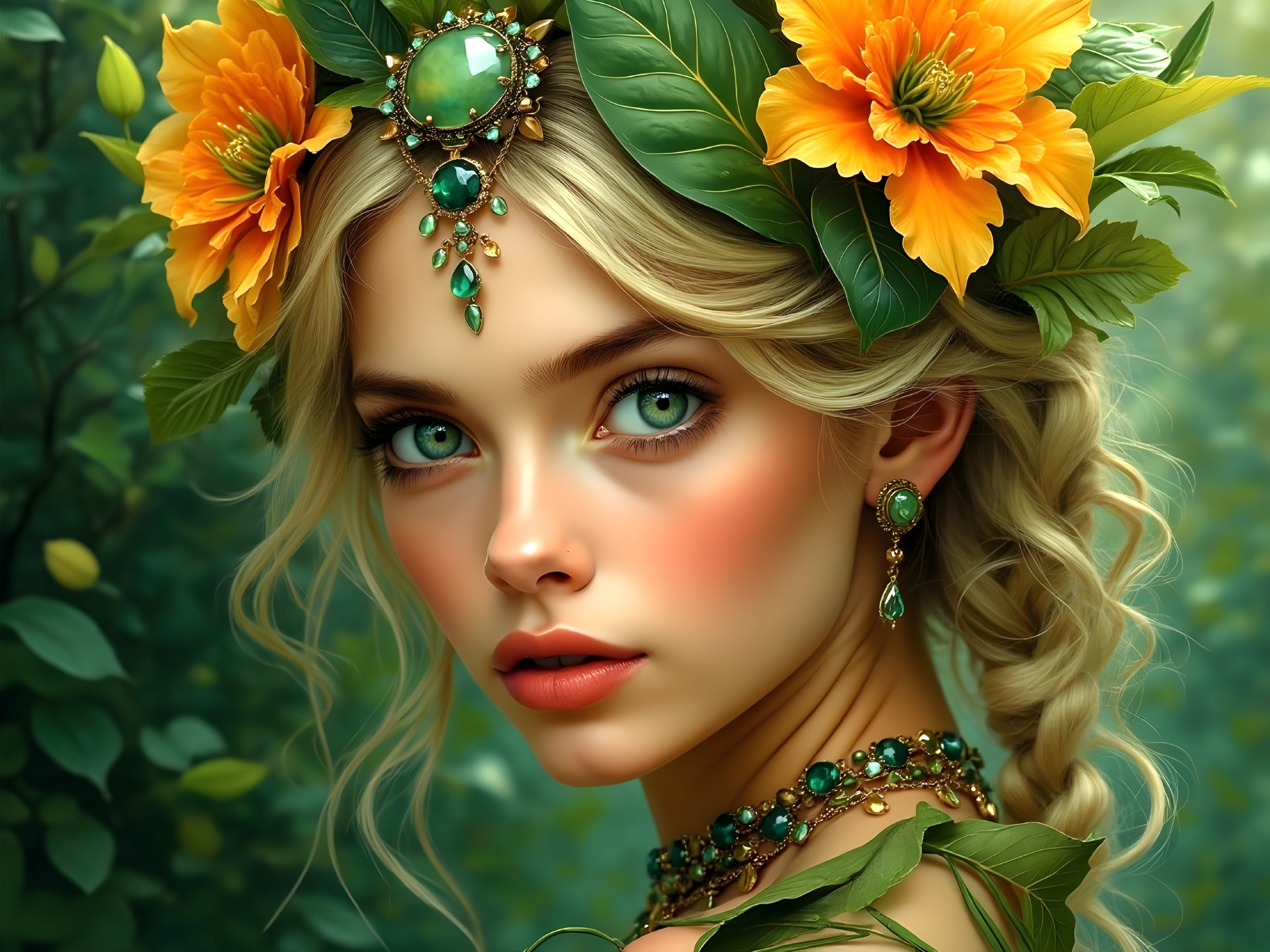 Young Woman with Green Eyes and Floral Adornments
