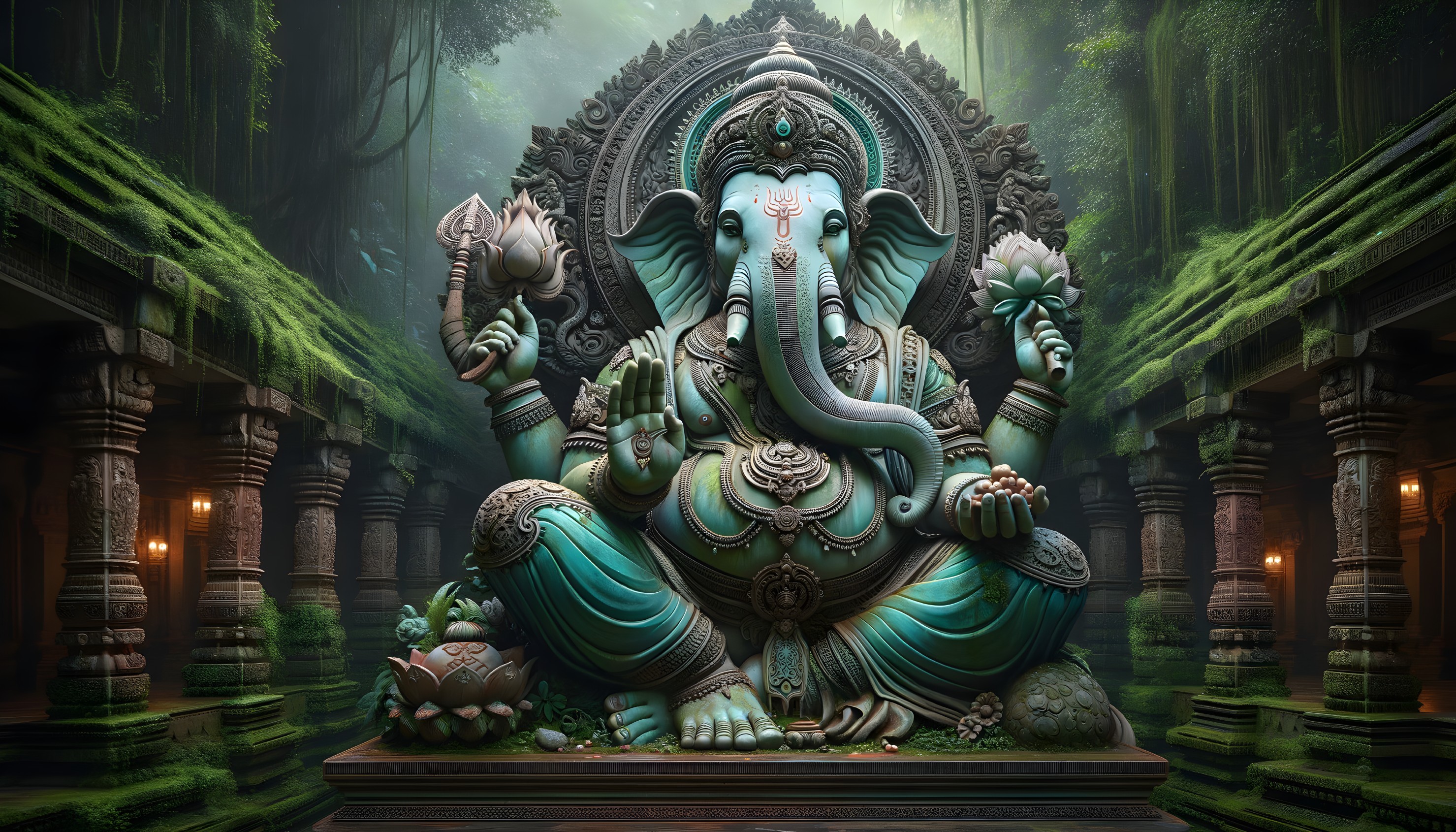 Intricately Carved Ganesha Statue in Temple Setting