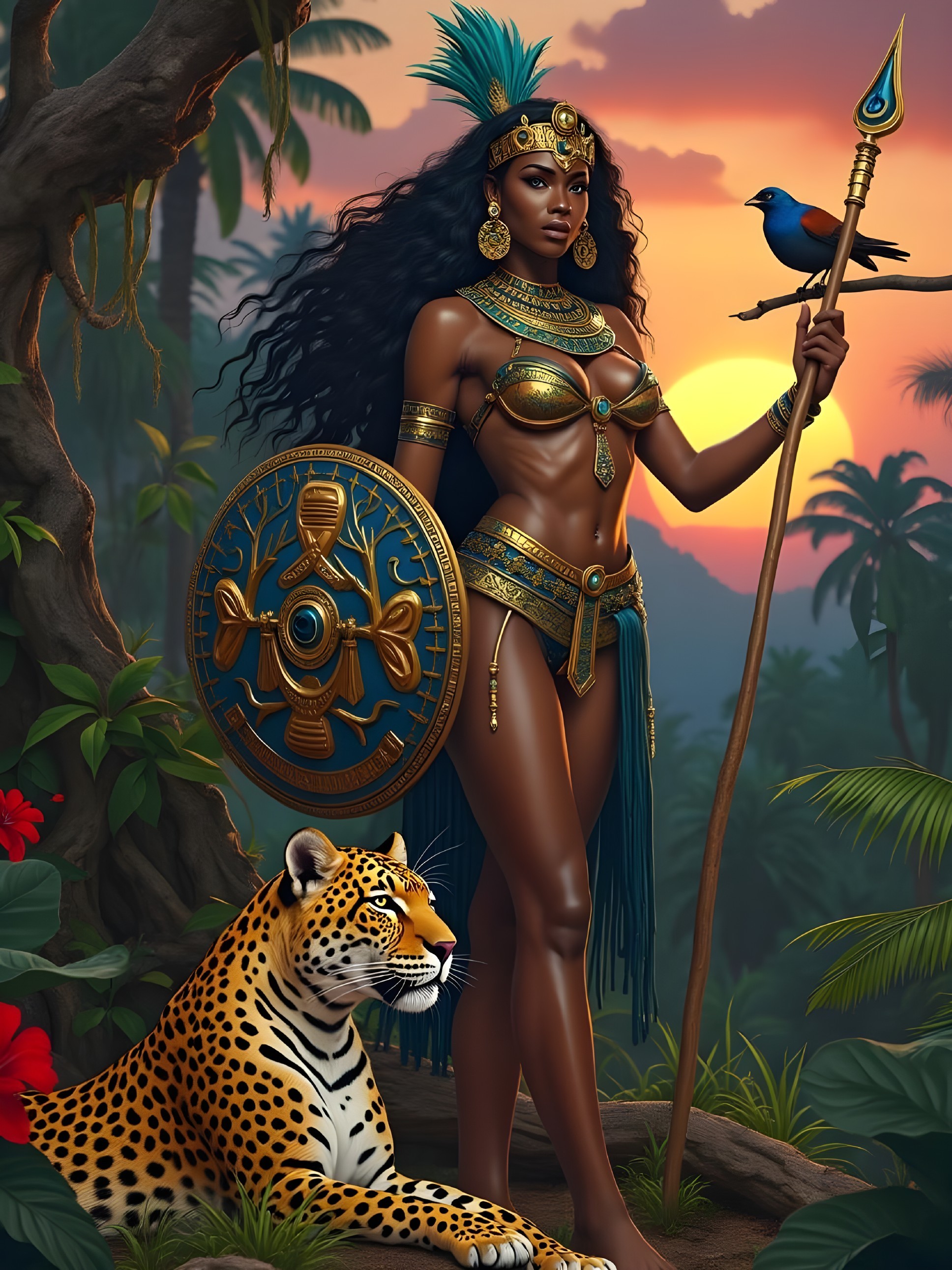 Warrior in Golden Armor in Tropical Sunset Landscape