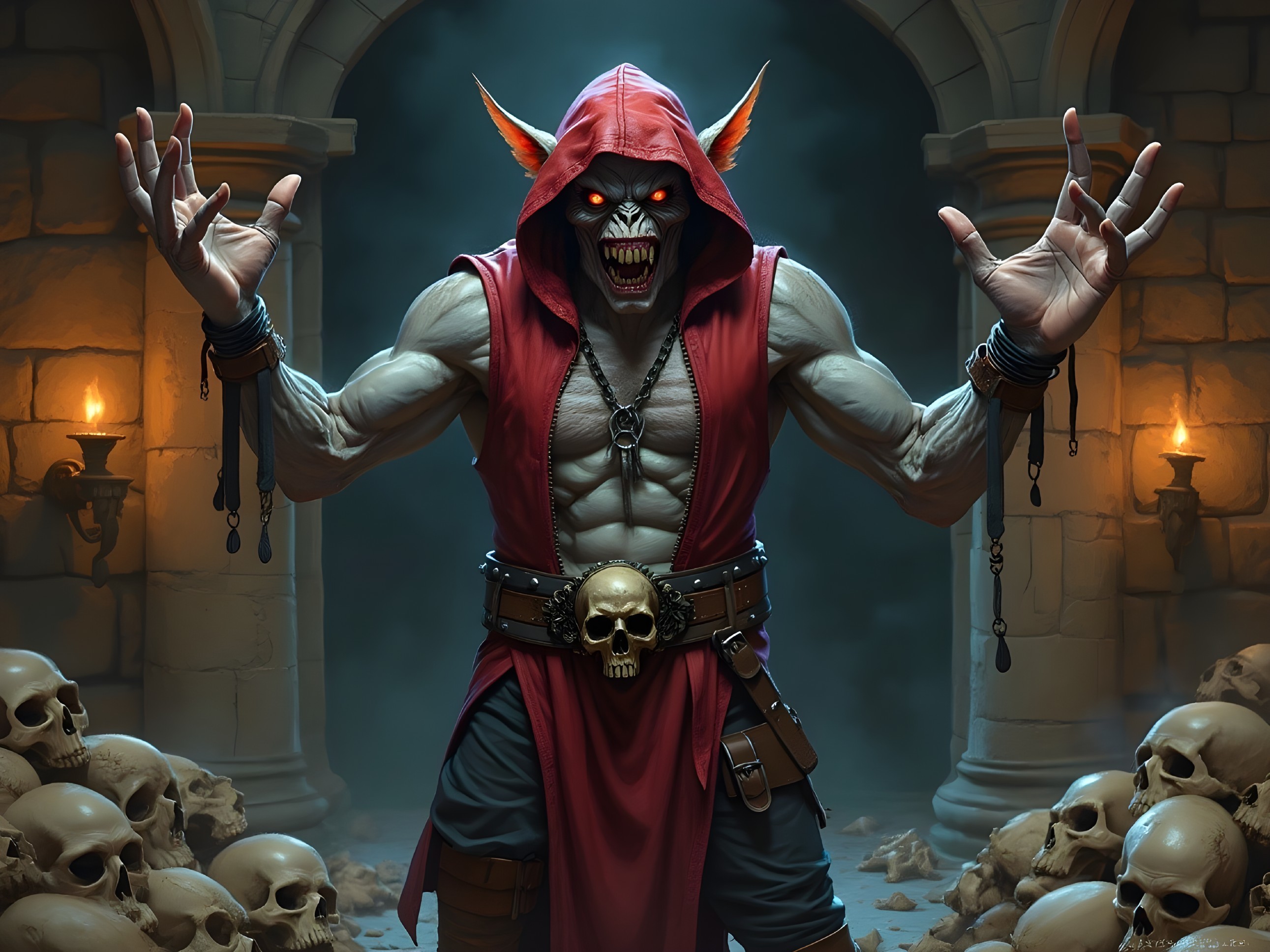 Menacing creature in dim stone chamber with skulls