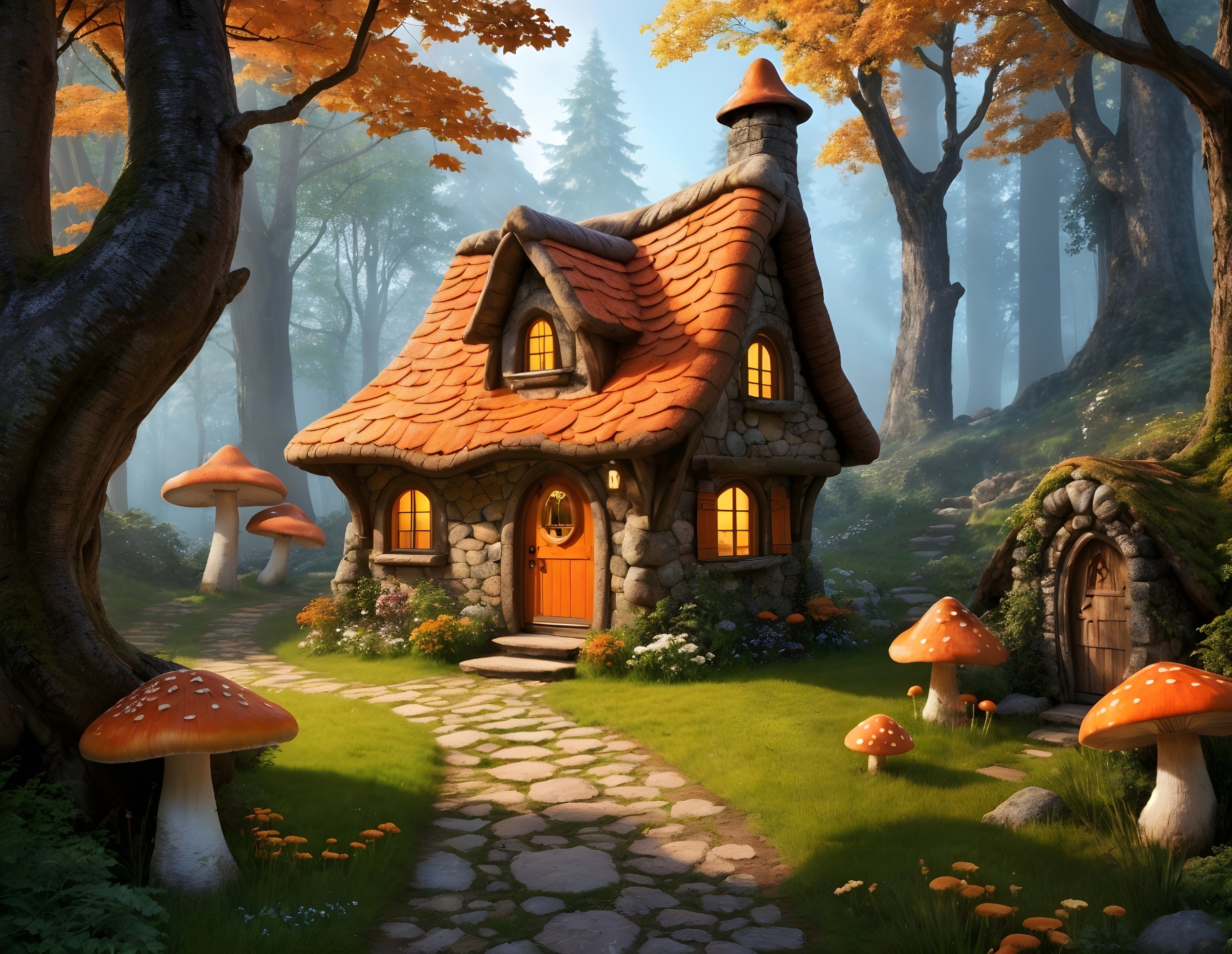 Charming Cottage in Vibrant Autumn Forest Setting