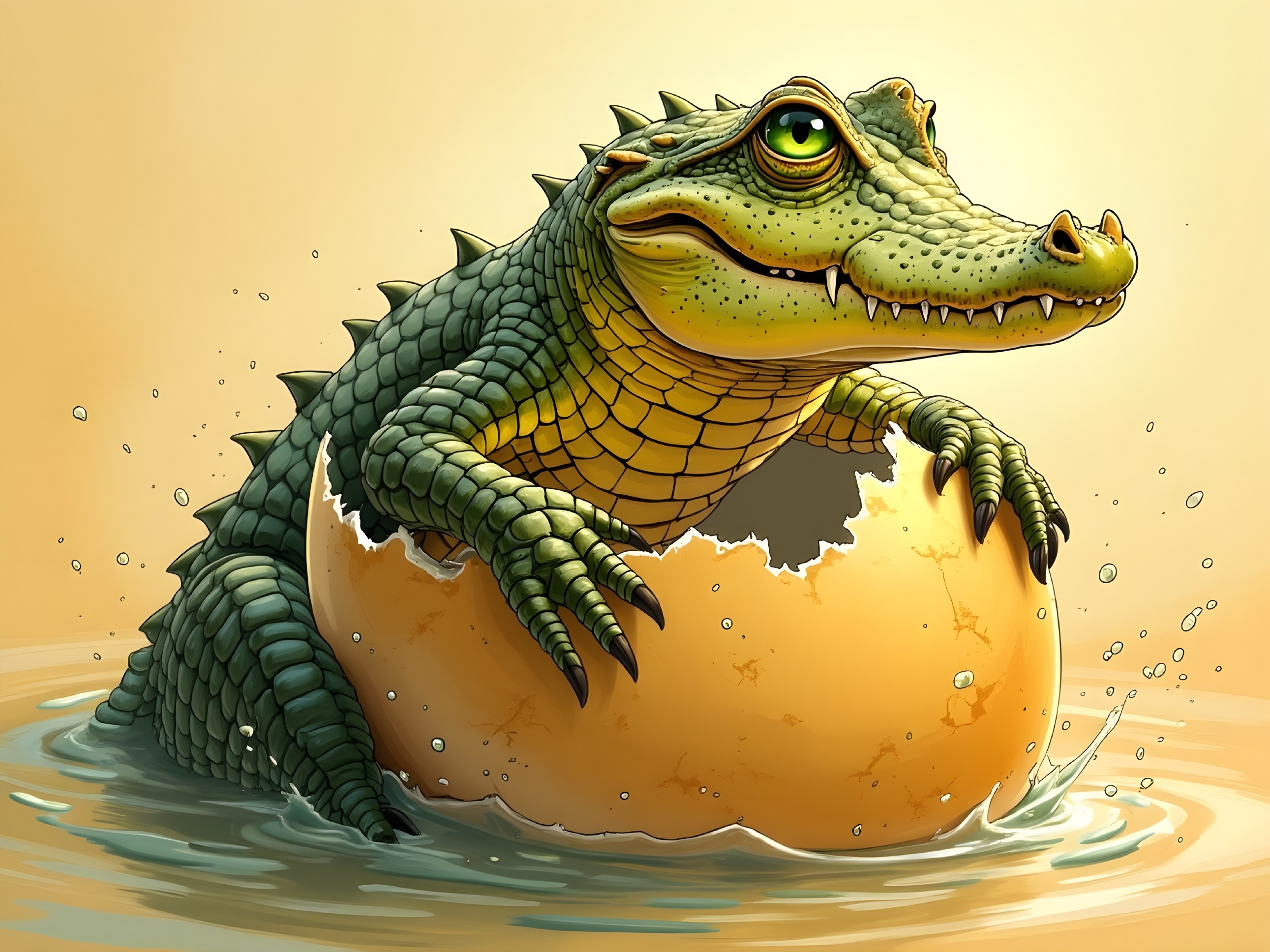 Crocodile Emerging from Cracked Egg in Whimsical Scene