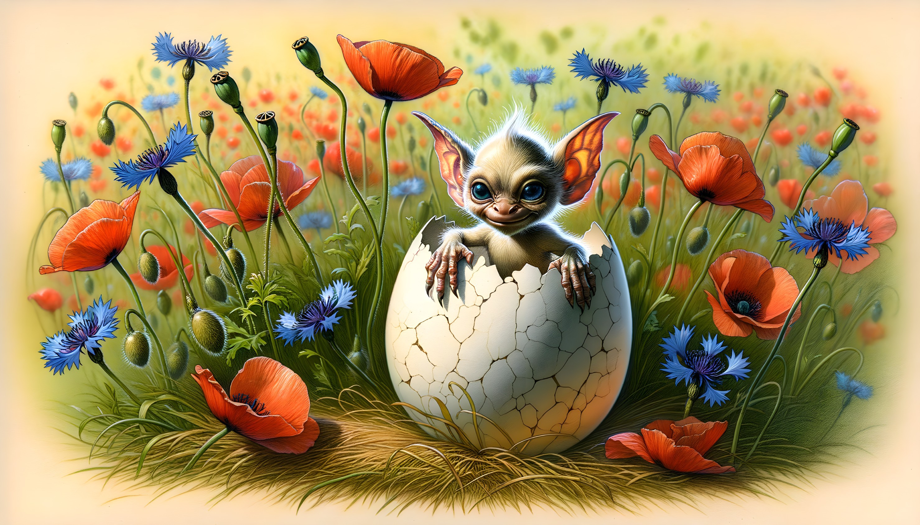 Whimsical Creature in Vibrant Meadow with Flowers