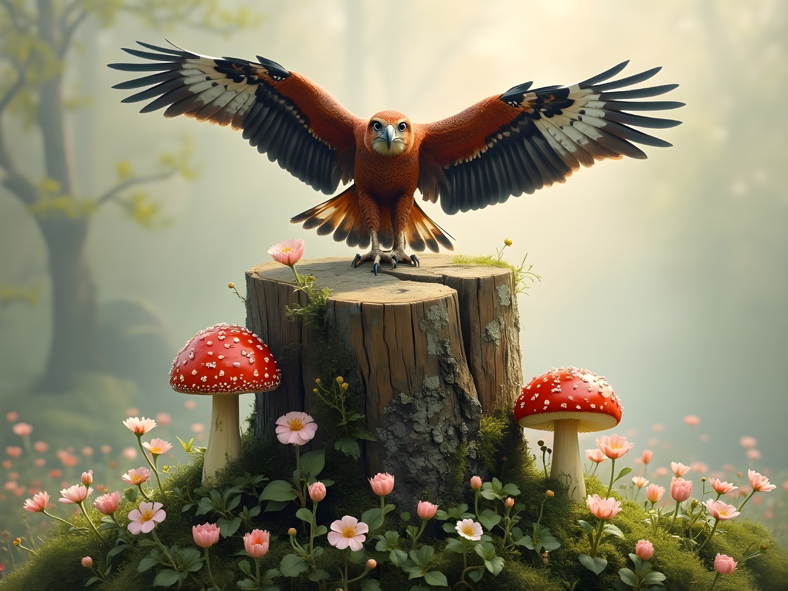 Hawk with Outstretched Wings Amidst Forest Flora