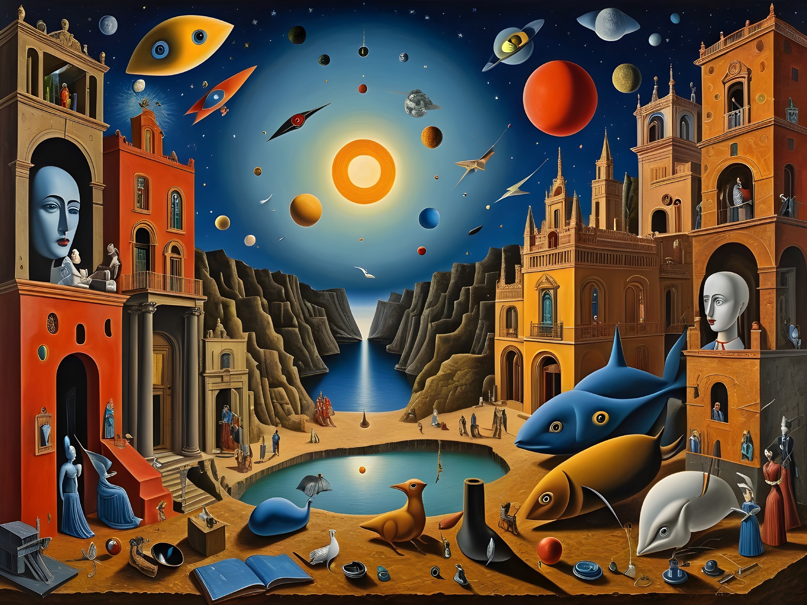 Surreal Landscape with Orange Buildings and Celestial Sky