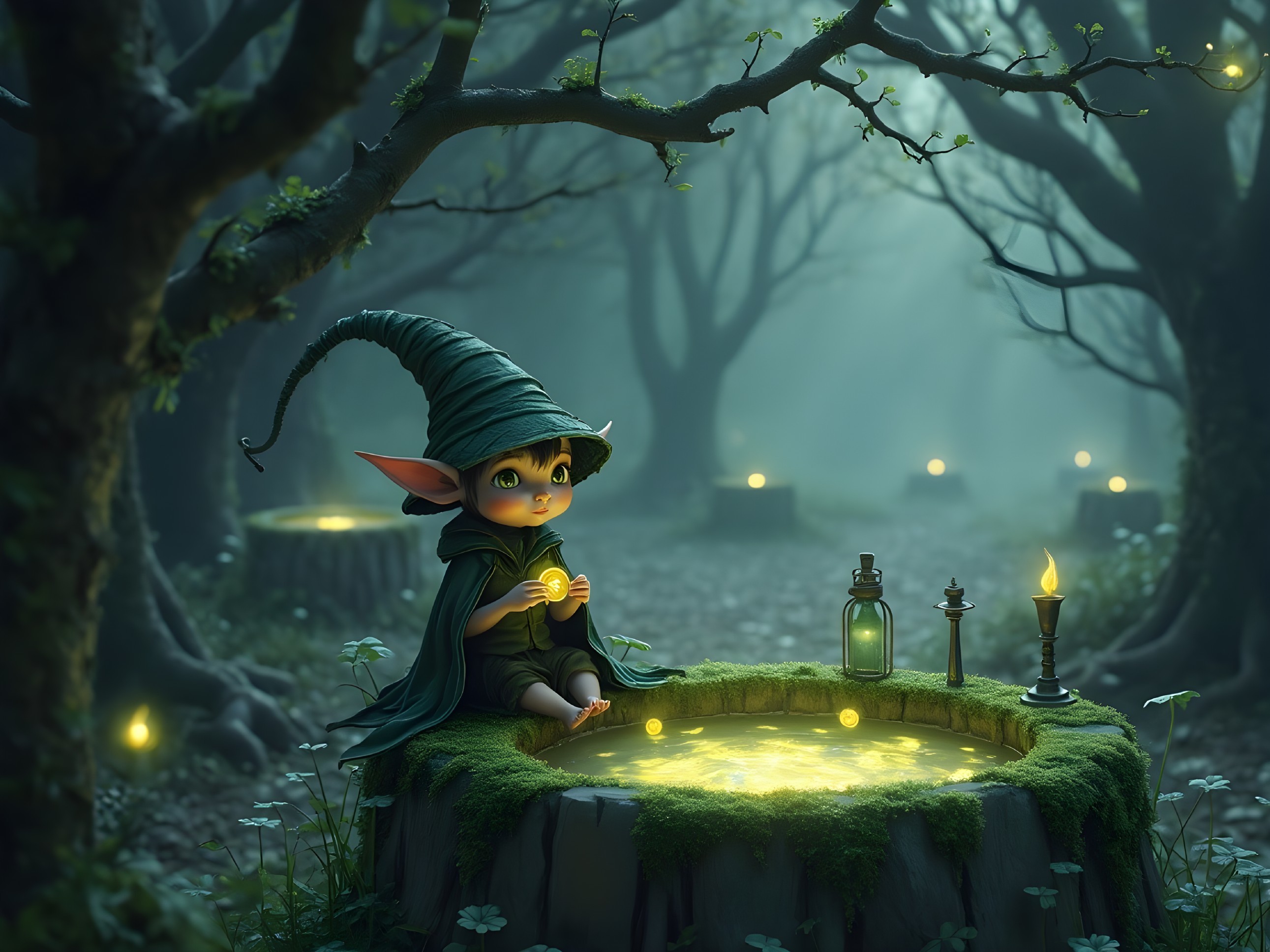 Whimsical creature in a foggy mystical forest scene