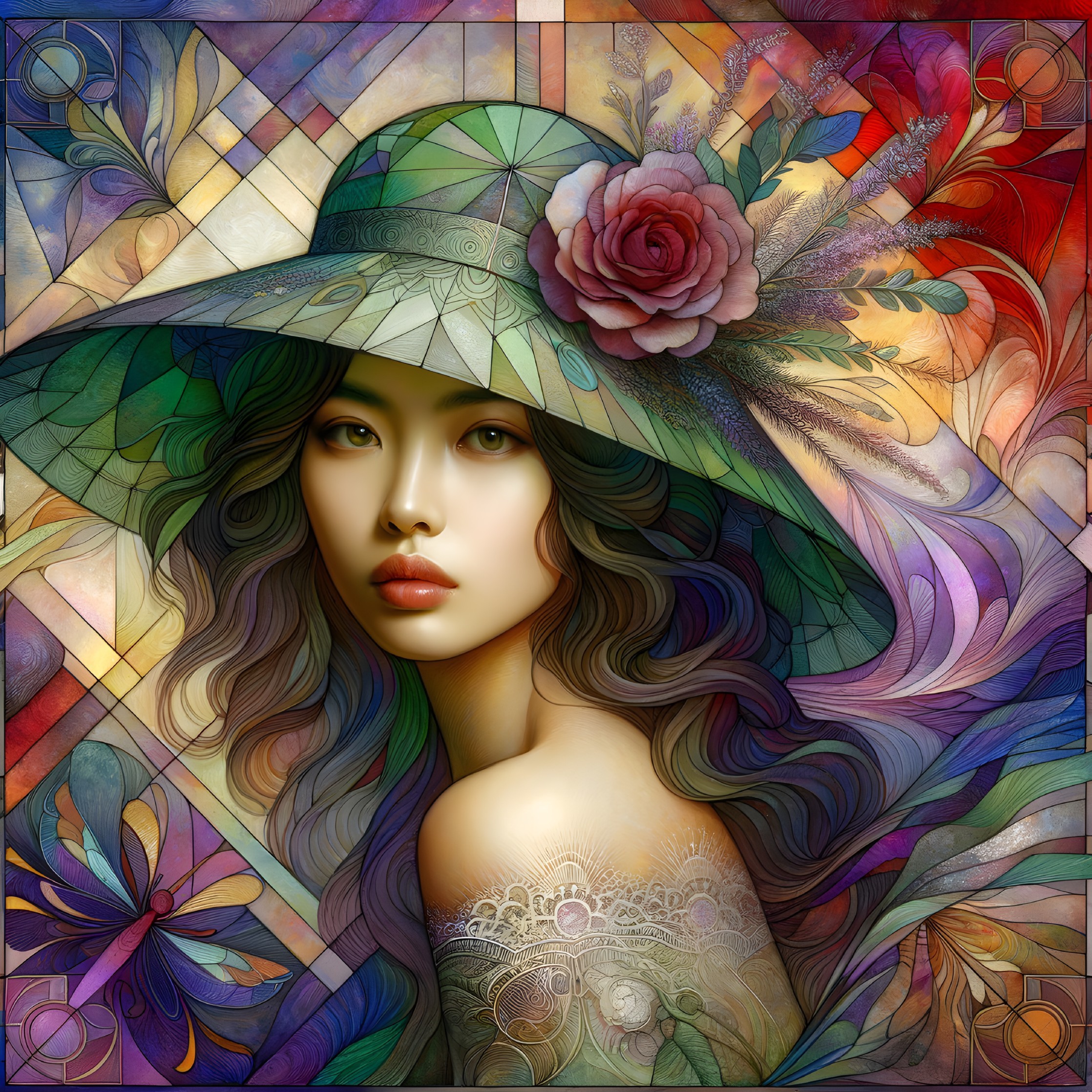 Portrait of a woman in a green hat with rose