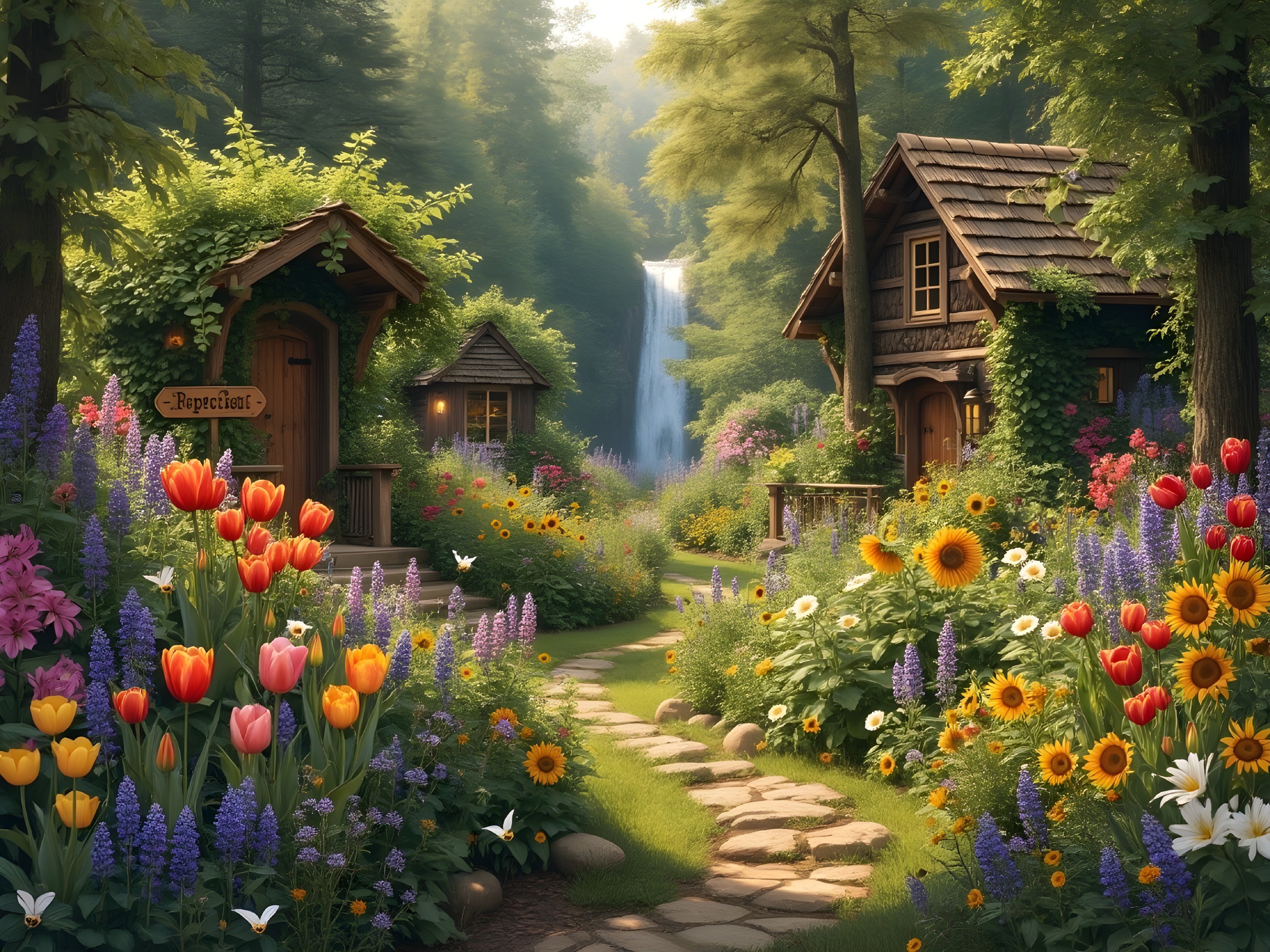 Serene Garden Scene with Cottages and Waterfall