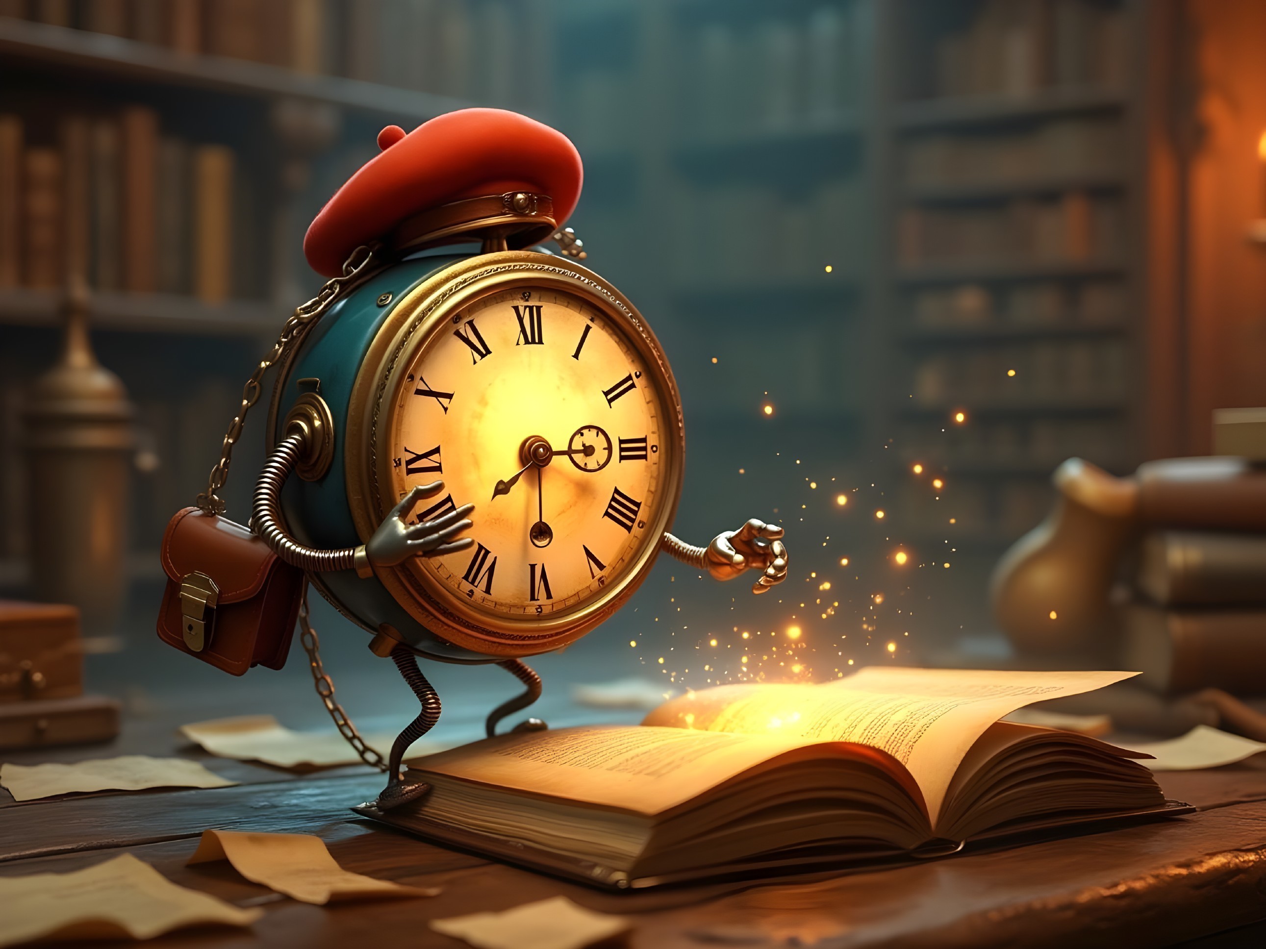 Whimsical Clock in Cozy Library with Open Book
