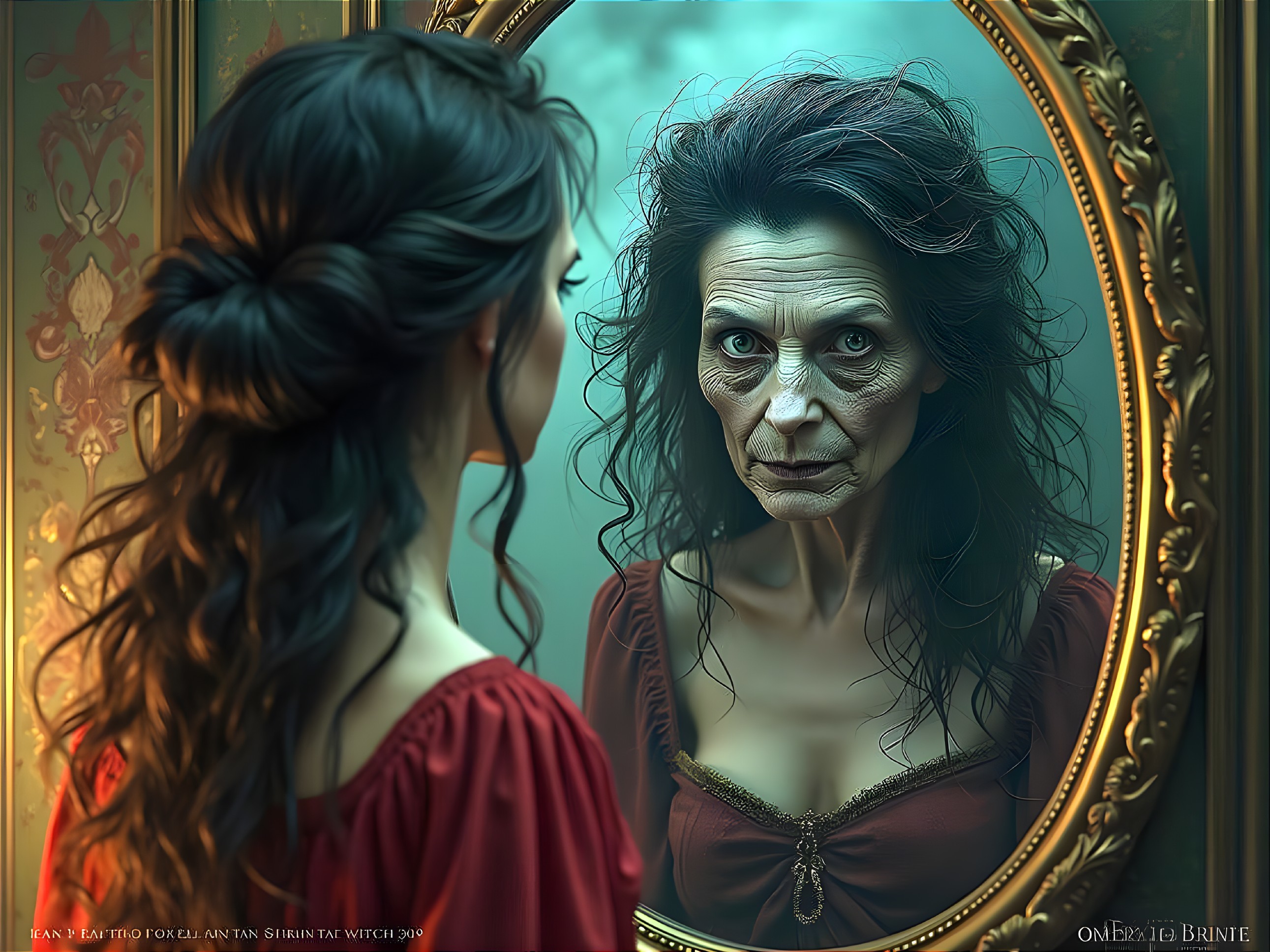 Young Woman's Reflection in Ornate Mirror Reveals Aging