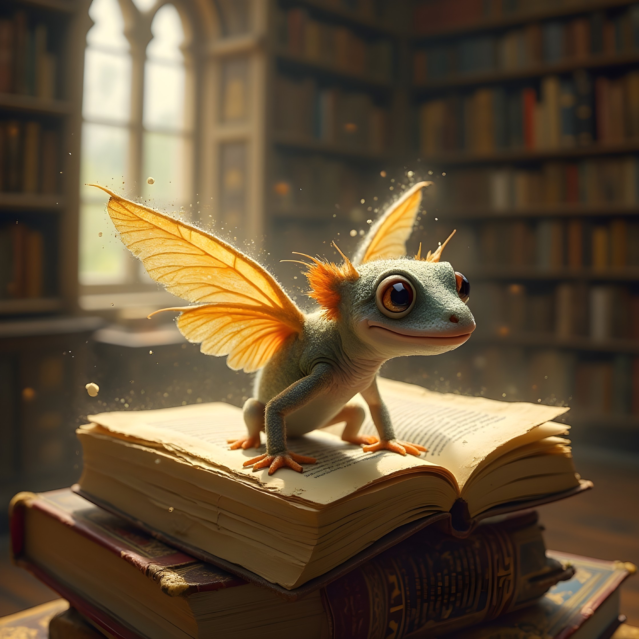 Whimsical Library with Frog-like Creature and Wings