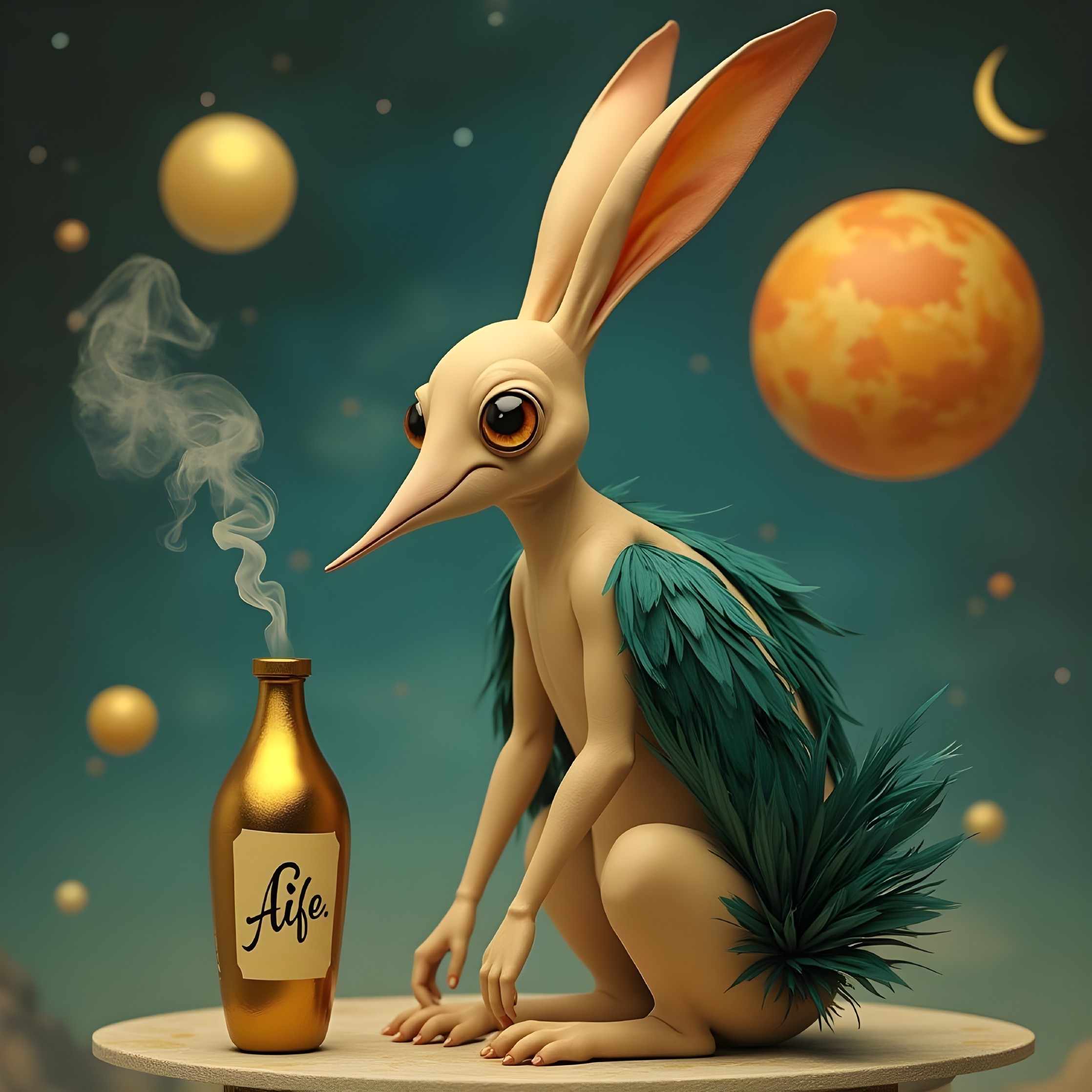 Whimsical Rabbit-like Creature on Wooden Pedestal
