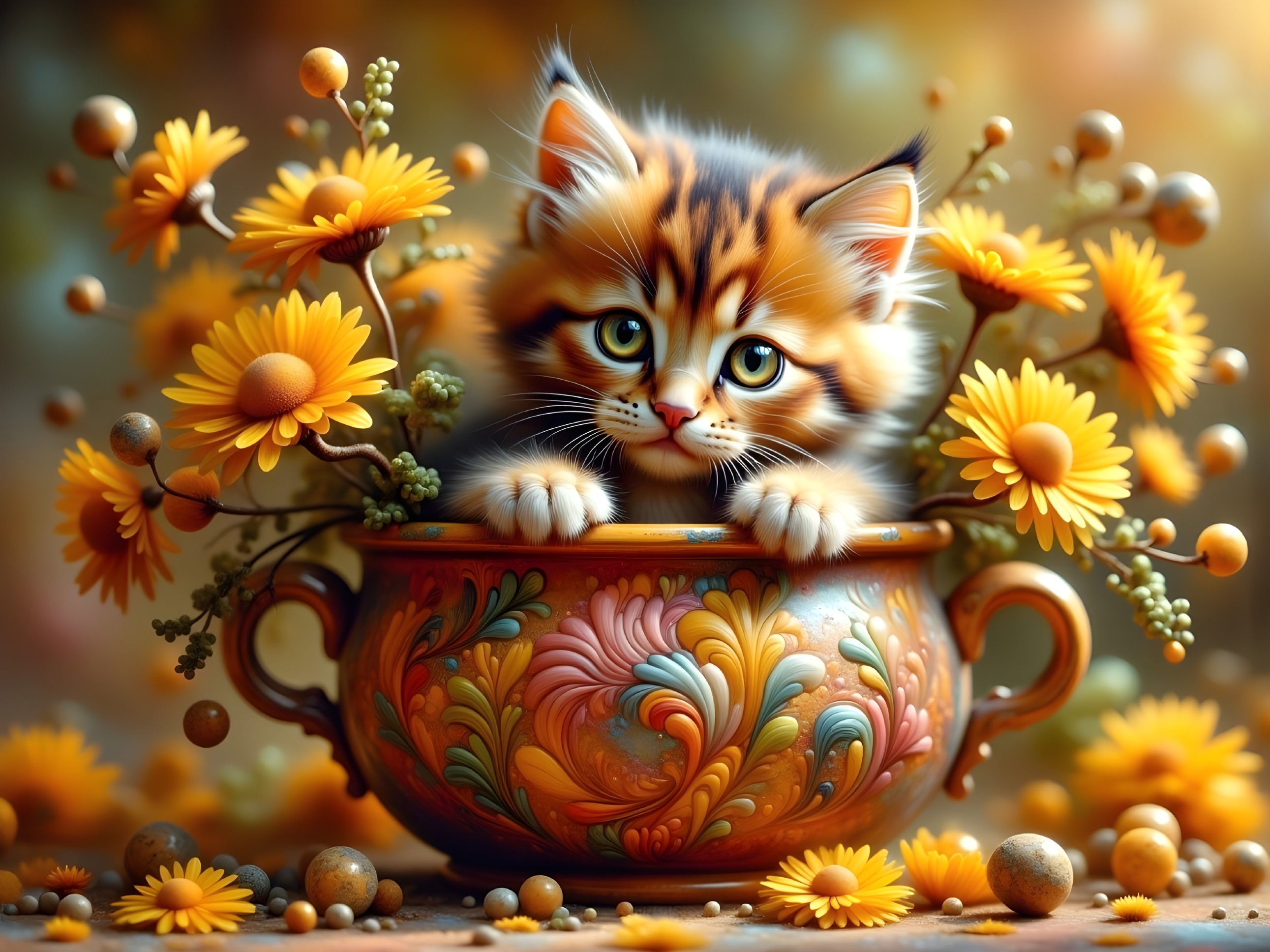 Calico Kitten Among Vibrant Yellow Flowers in Pot