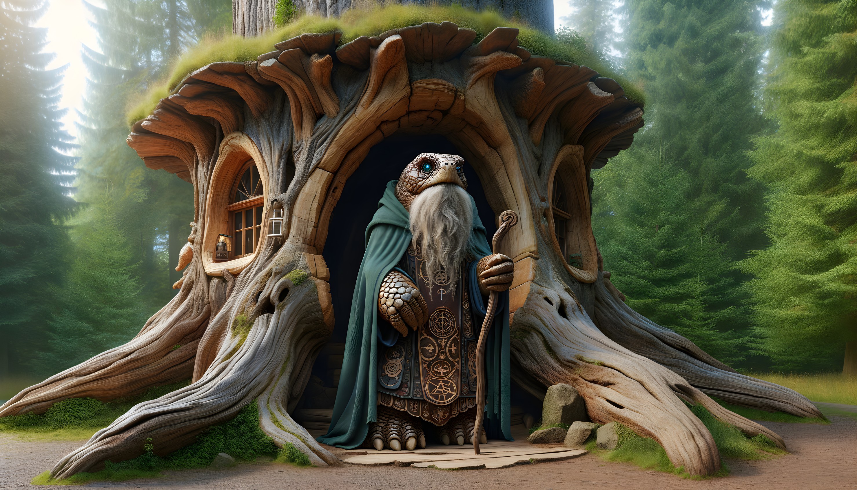 Elderly wizard with staff at whimsical treehouse in lush forest
