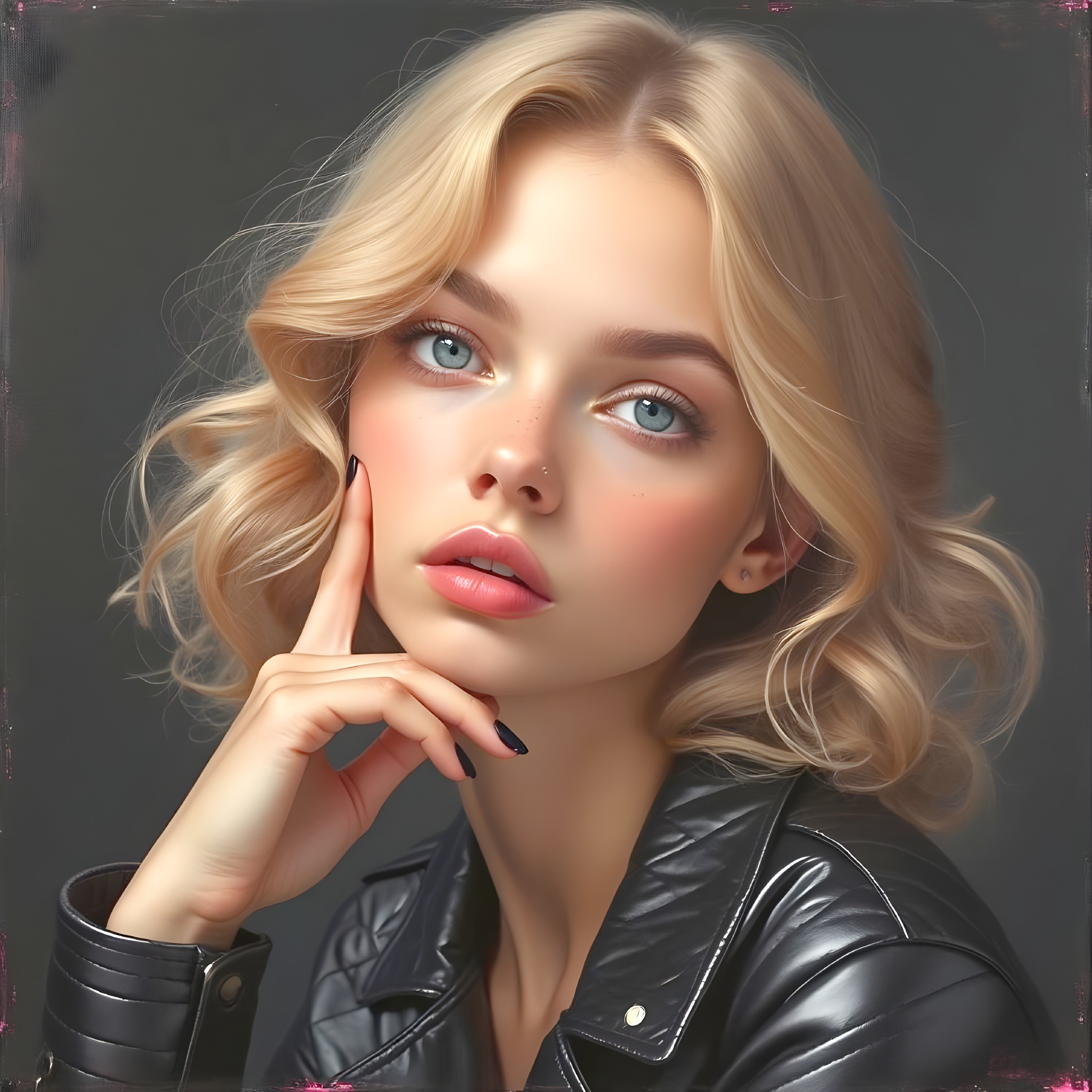 Young woman with blonde hair in black leather jacket