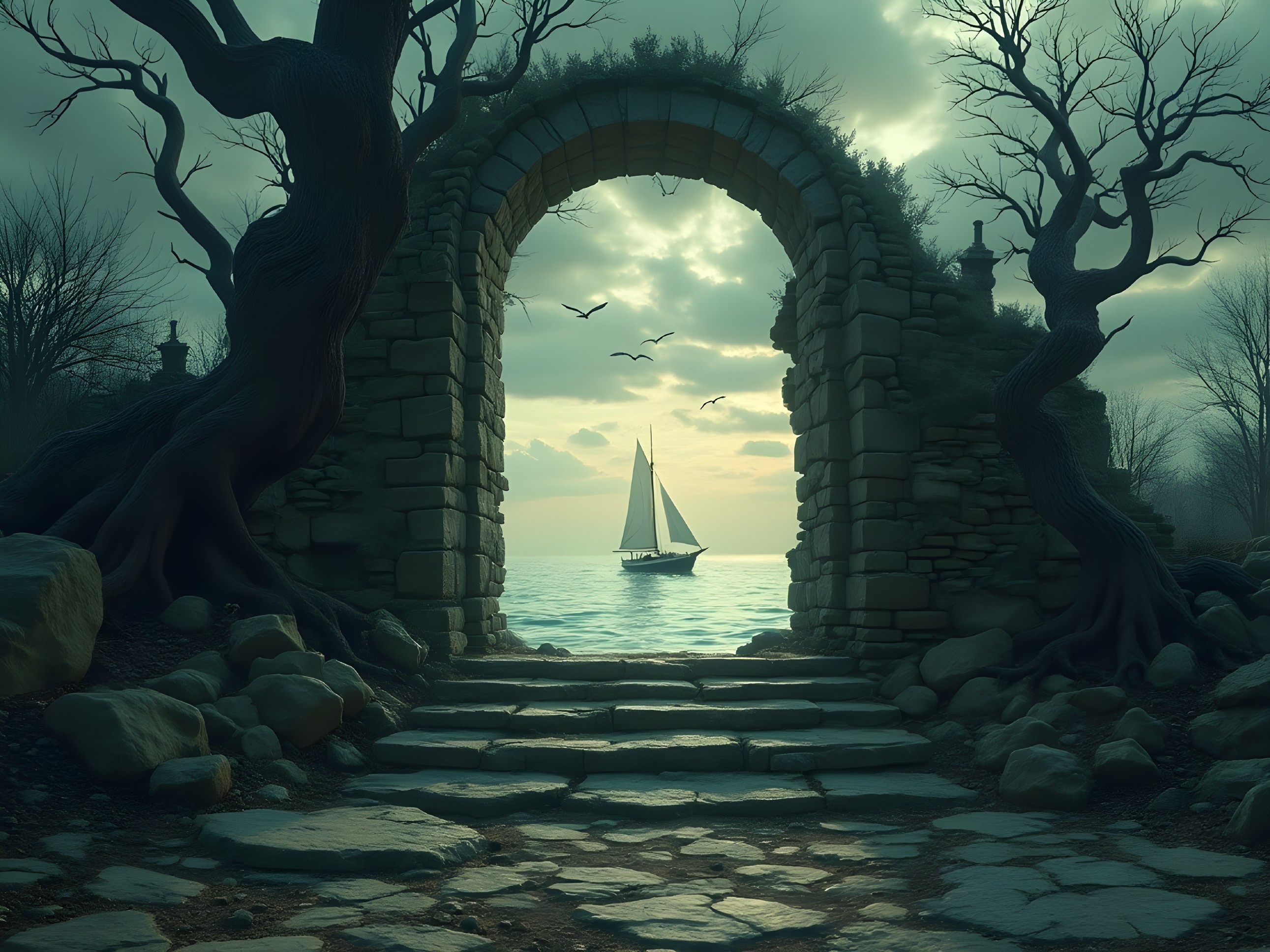 Weathered Stone Archway with Seascape and Sailboat