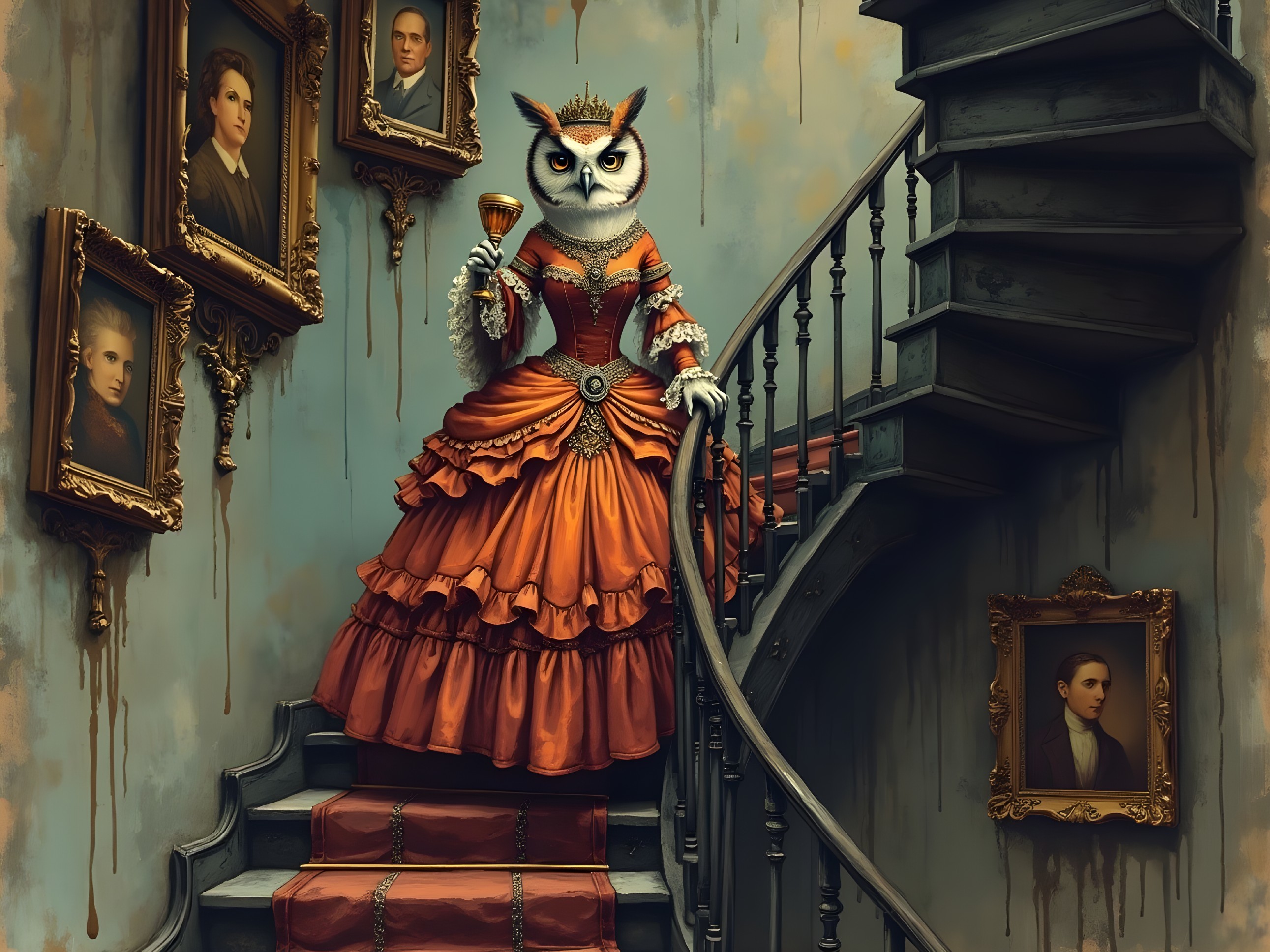 Owl in Lavish Gown on Grand Staircase with Portraits