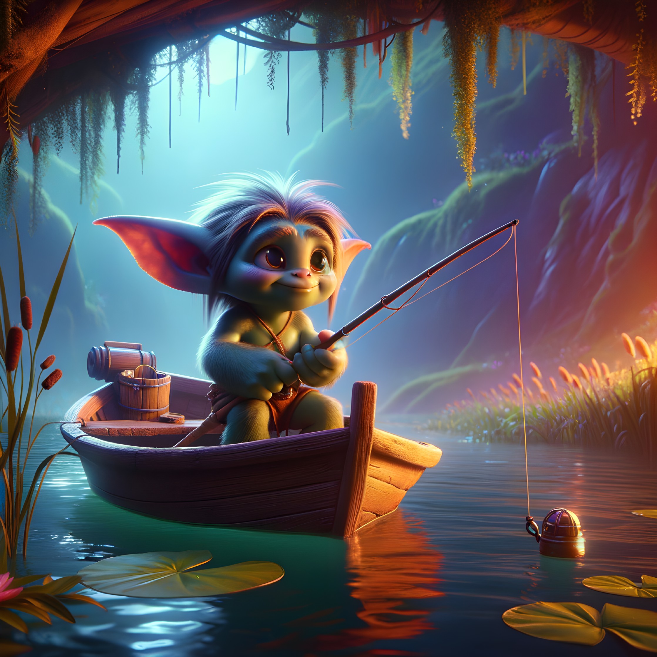 Whimsical Creature in Boat on Serene Lake Scene