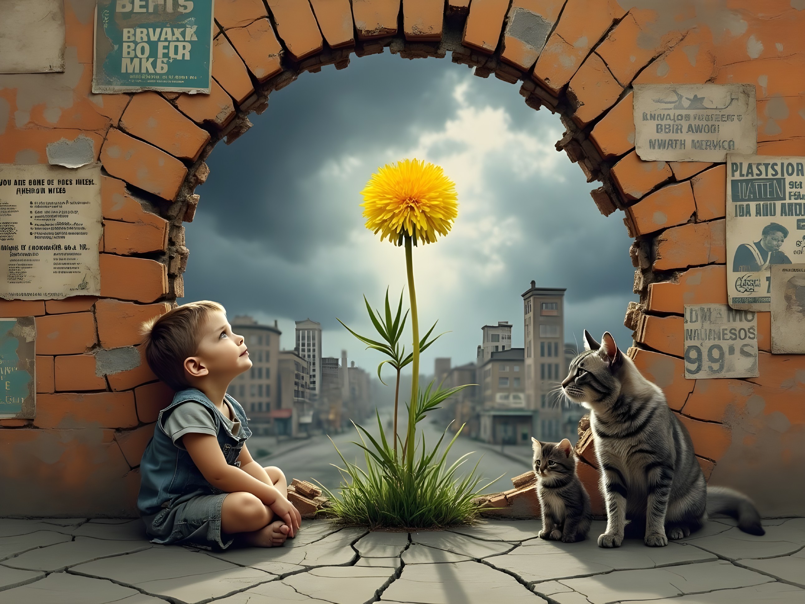 Surreal Scene of Boy and Cats in Urban Ruins