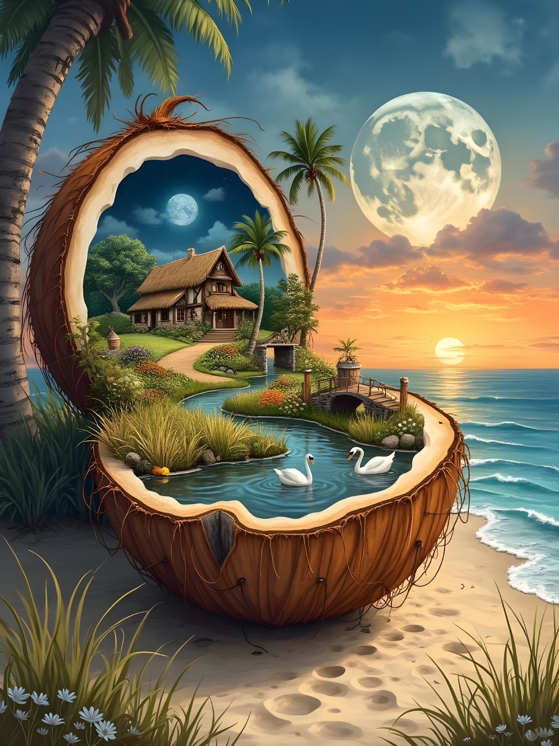Giant Coconut Shell Reveals Idyllic Beach Scene