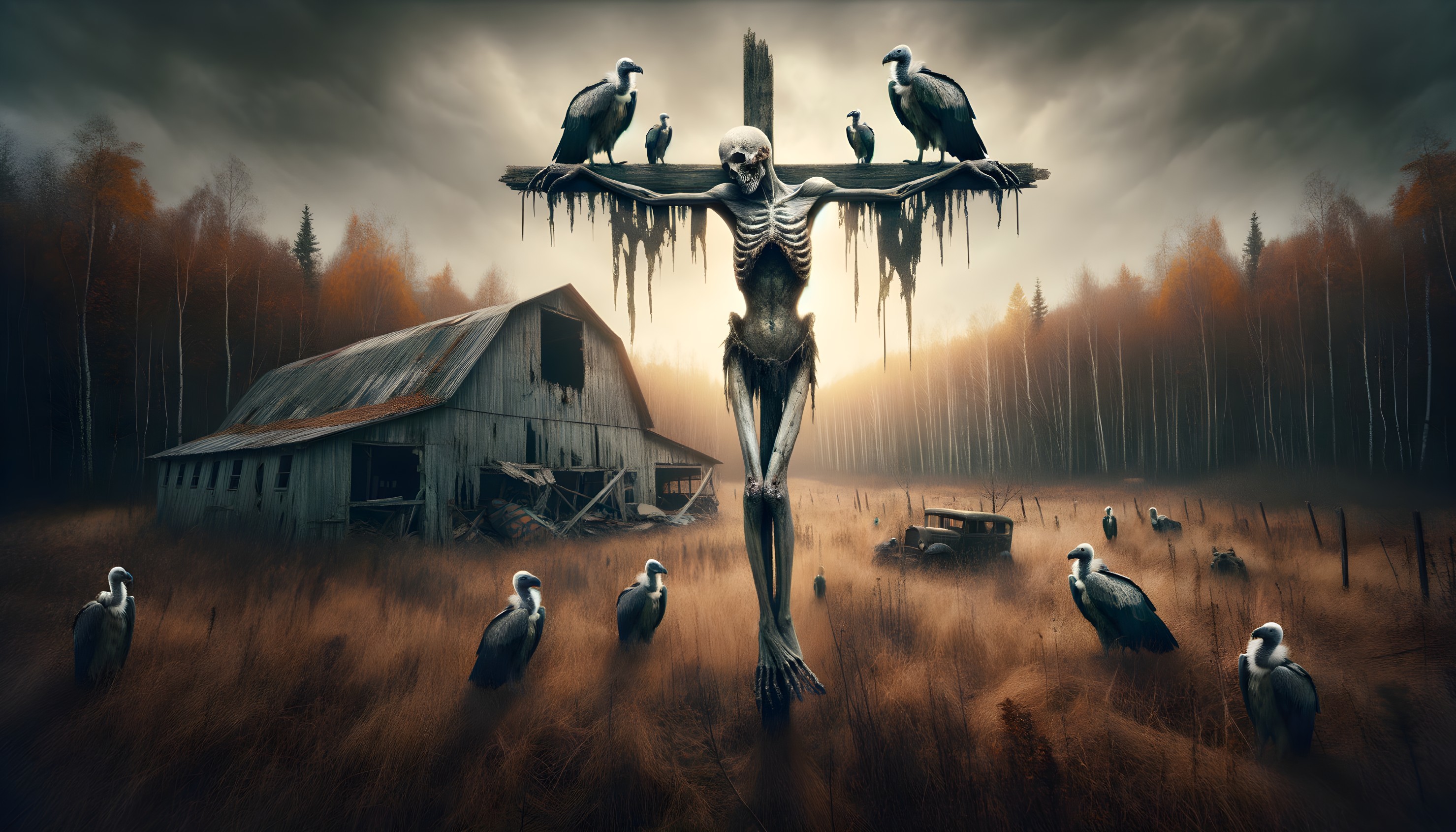 Skeletal Figure on Cross in Eerie Landscape Setting