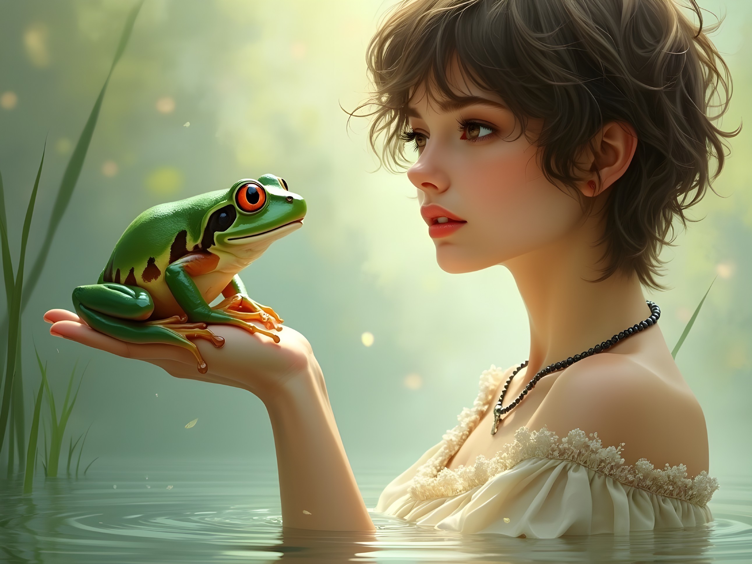 Young woman holding a green frog in a serene setting