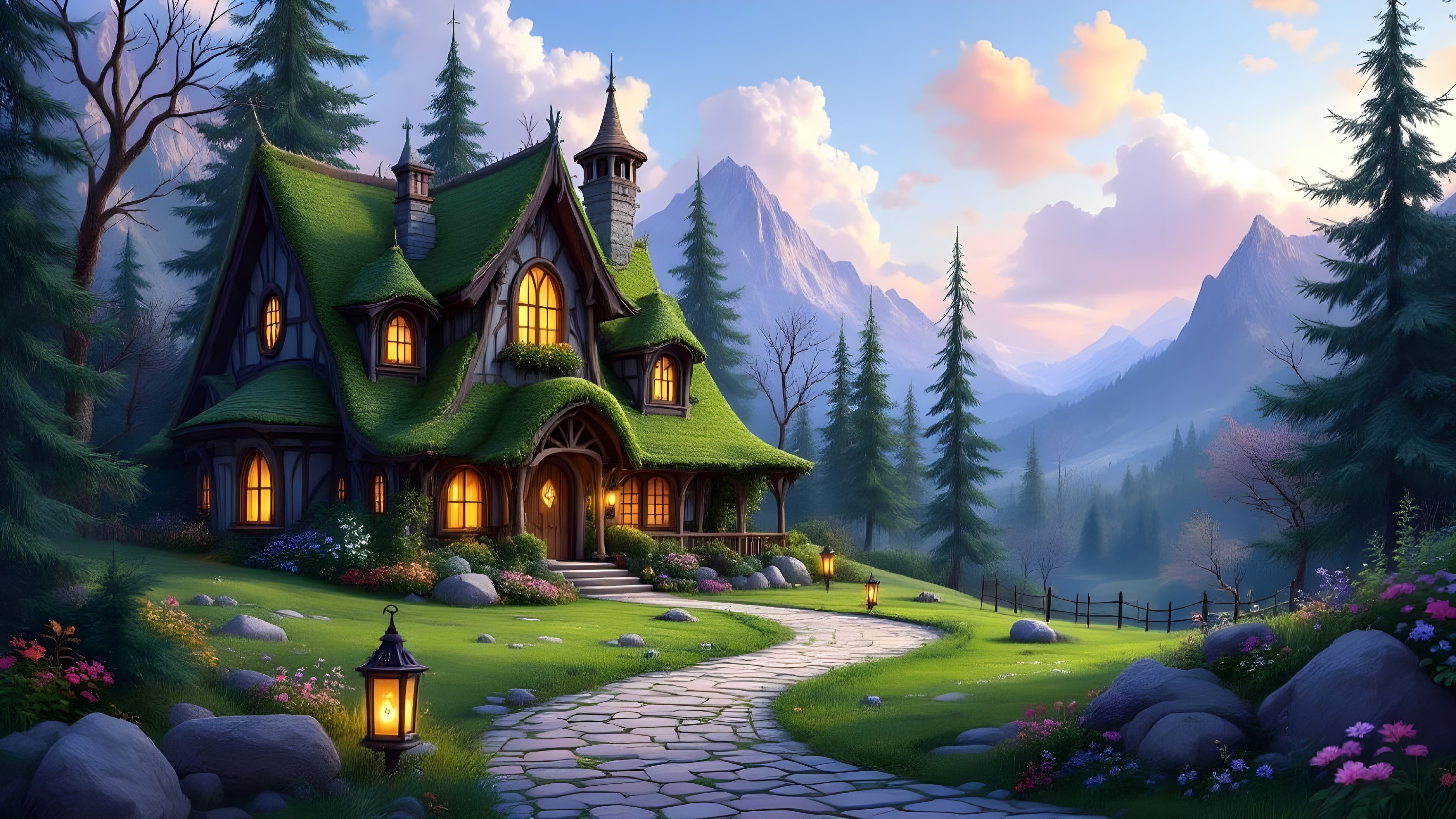 Cottage with Moss Roof Surrounded by Pine Trees and Mountains