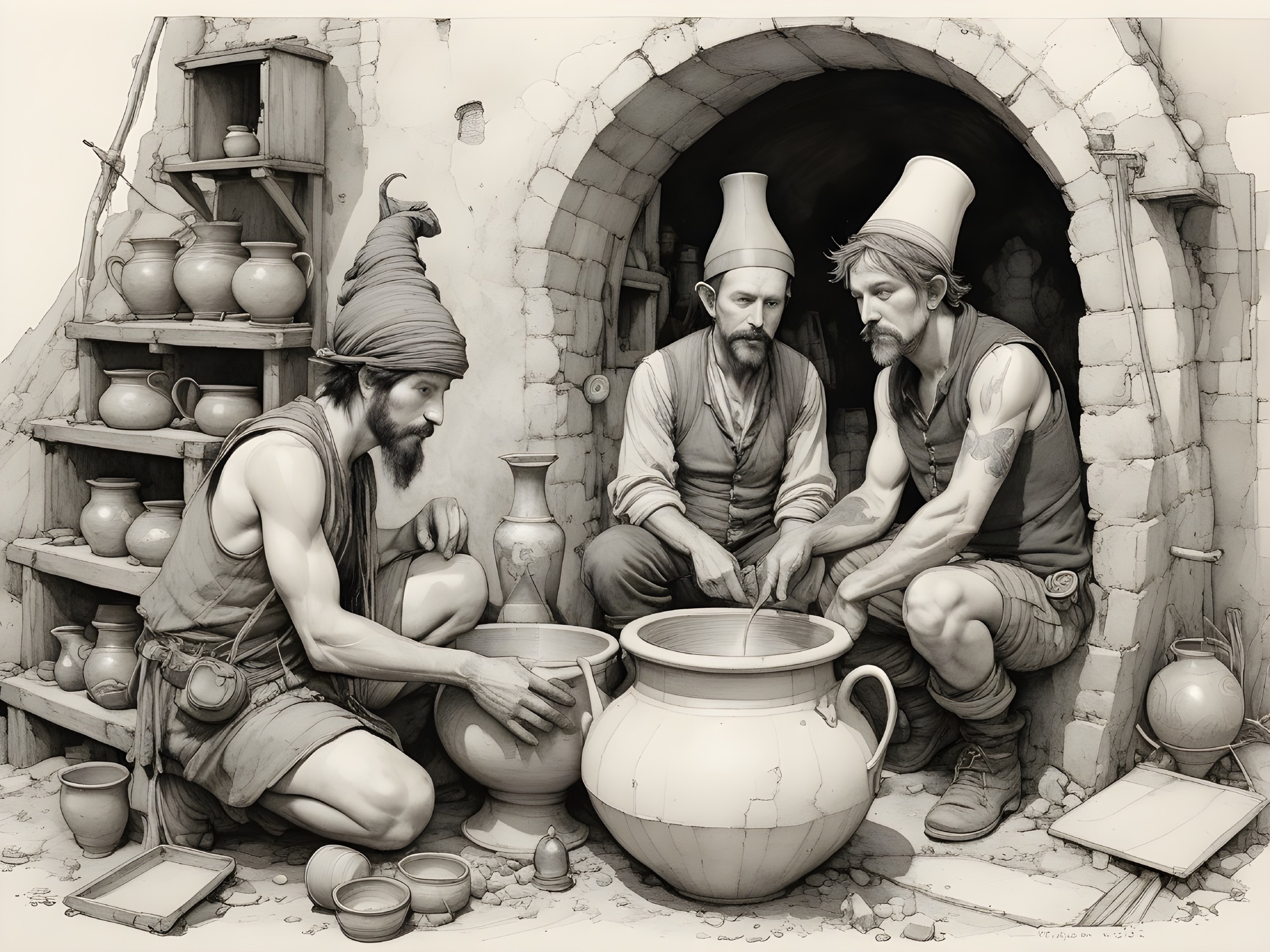 Craftsmen Focused on Pottery in Rustic Workshop