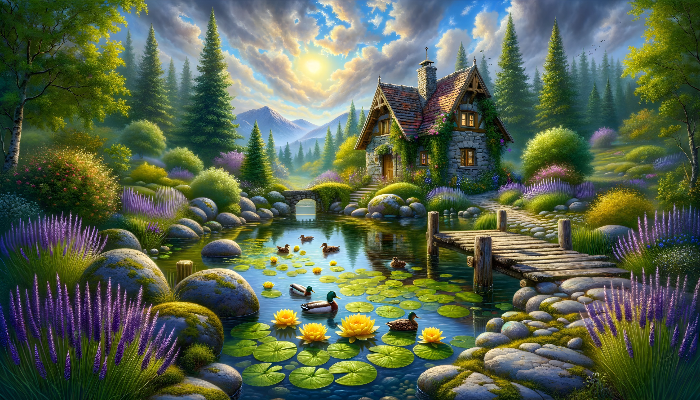 Charming Stone Cottage by Serene Pond with Water Lilies