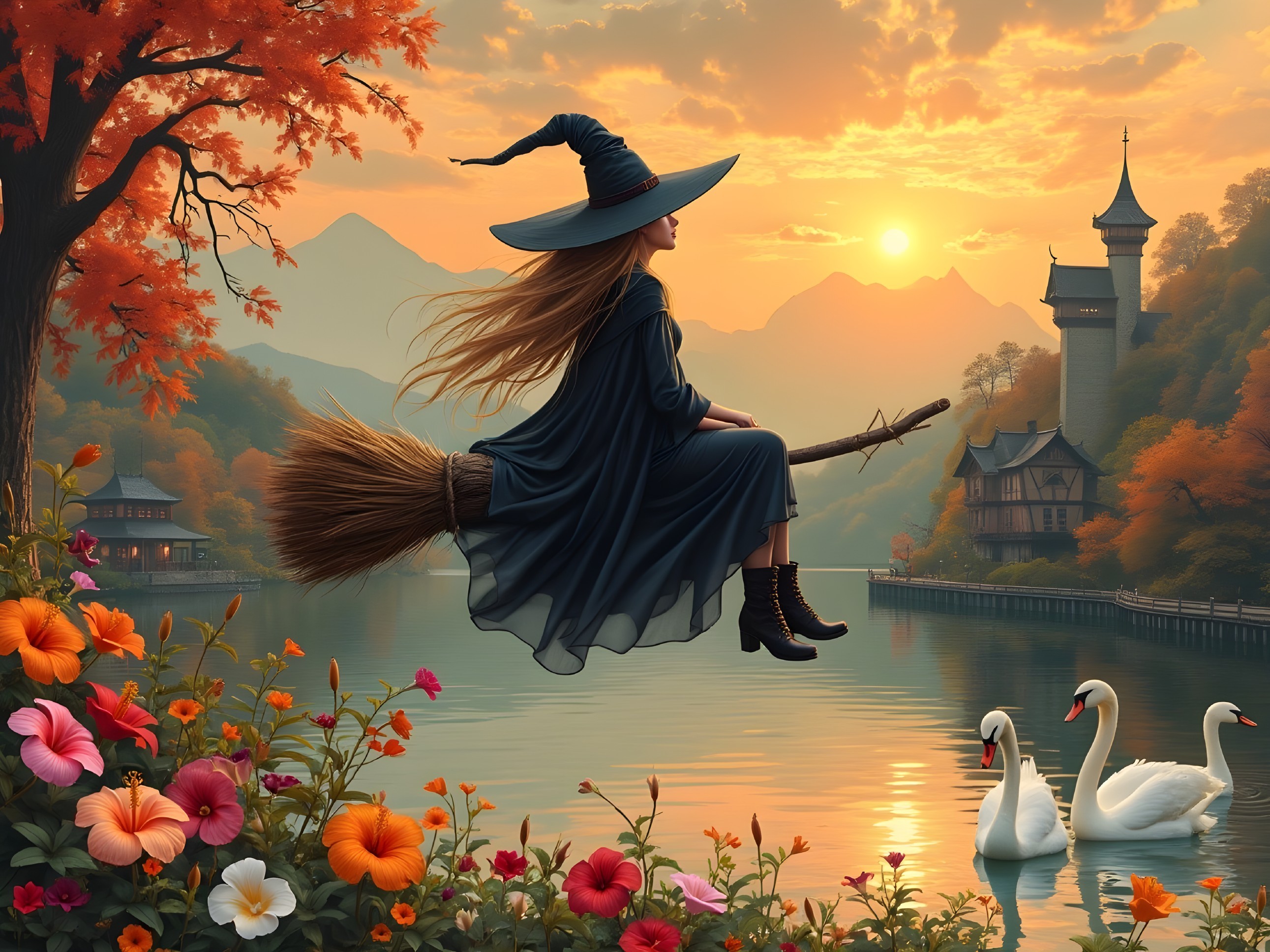 Witch Riding Broomstick Over Twilight Waters and Castle