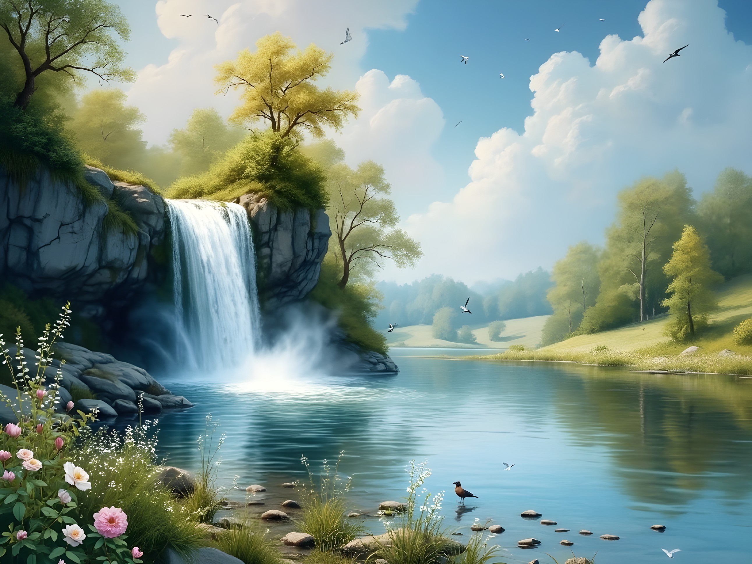 Cascading Waterfall in a Tranquil Landscape Scene