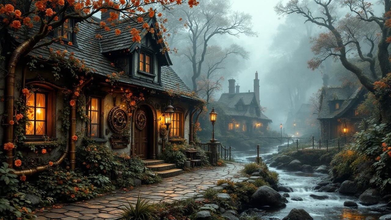 Misty Autumn Cottages by a Flowing Stream