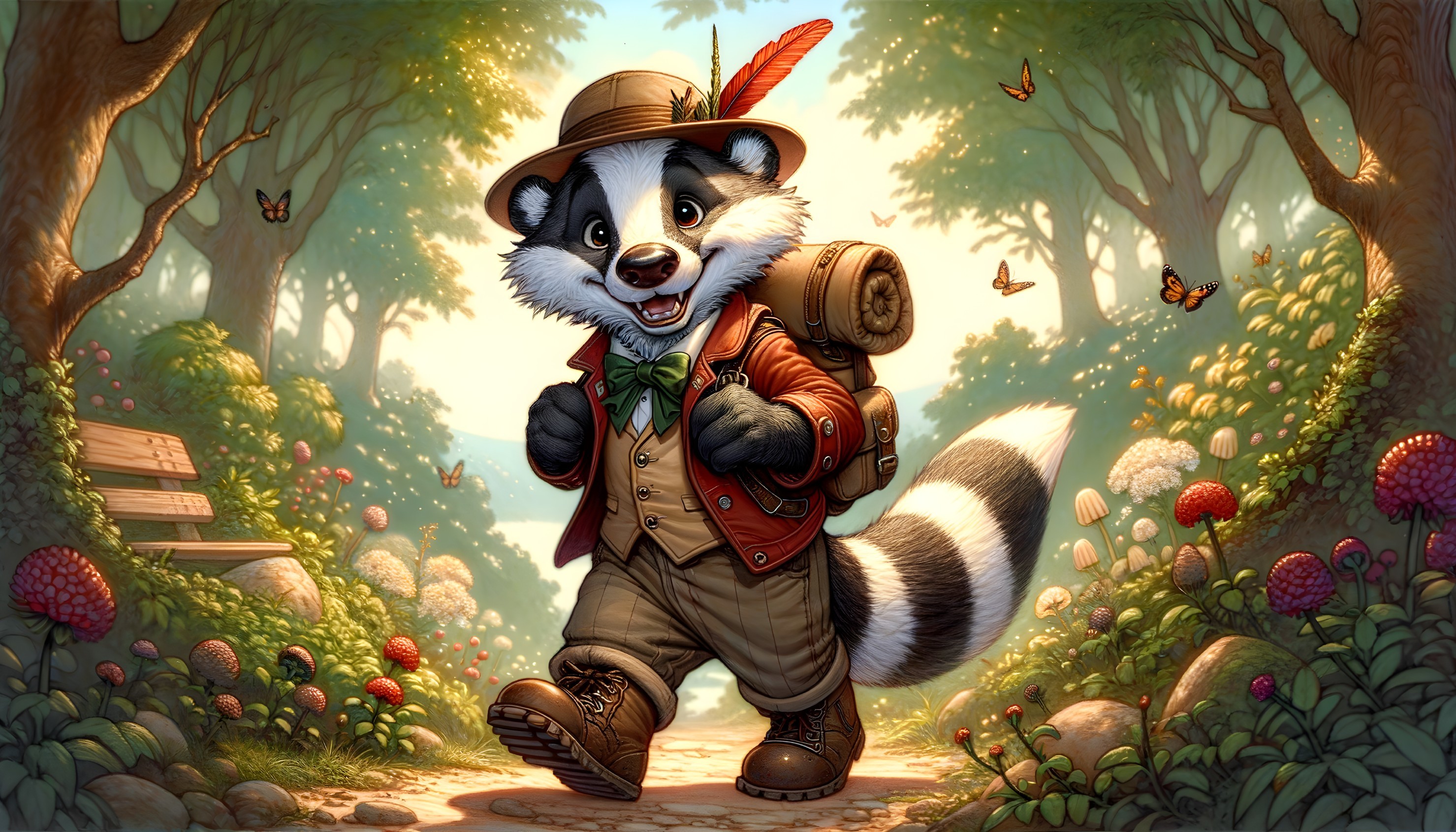 Cheerful raccoon in vintage outfit on forest path