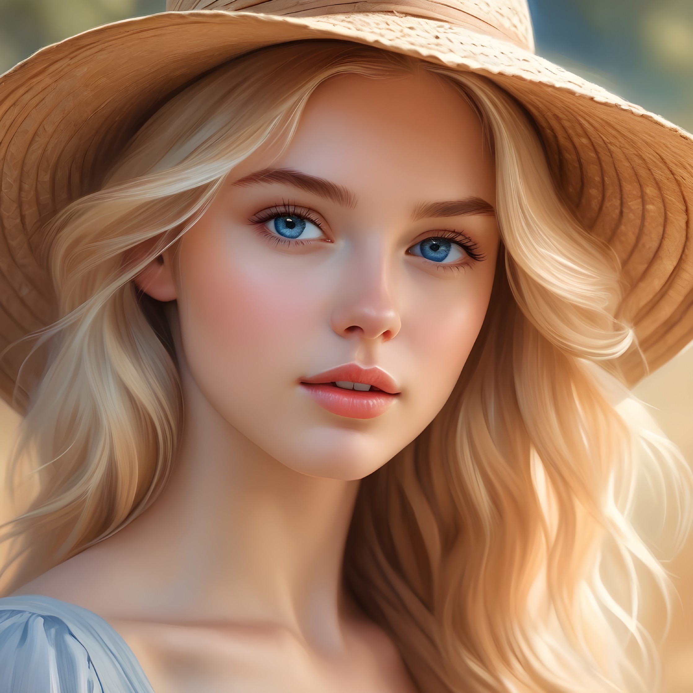 Young Woman in Straw Hat Against Sunlit Landscape