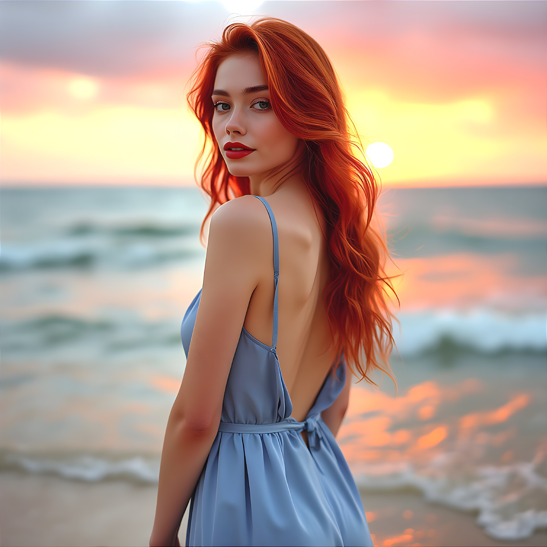 Young woman in blue dress by sunset shoreline