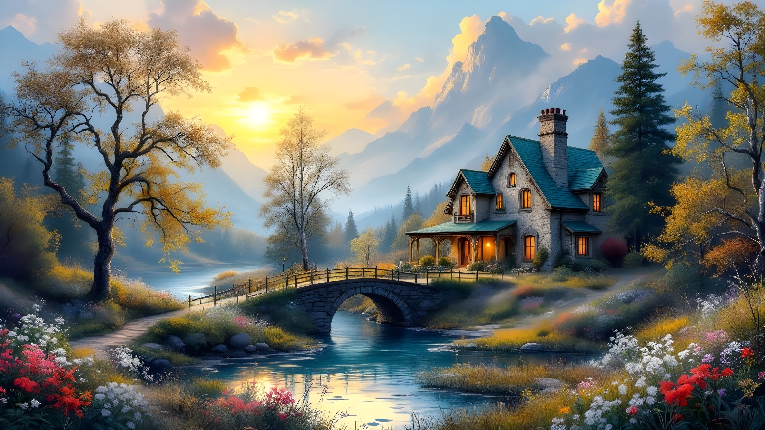 Charming Stone Cottage by Serene Lake at Sunset